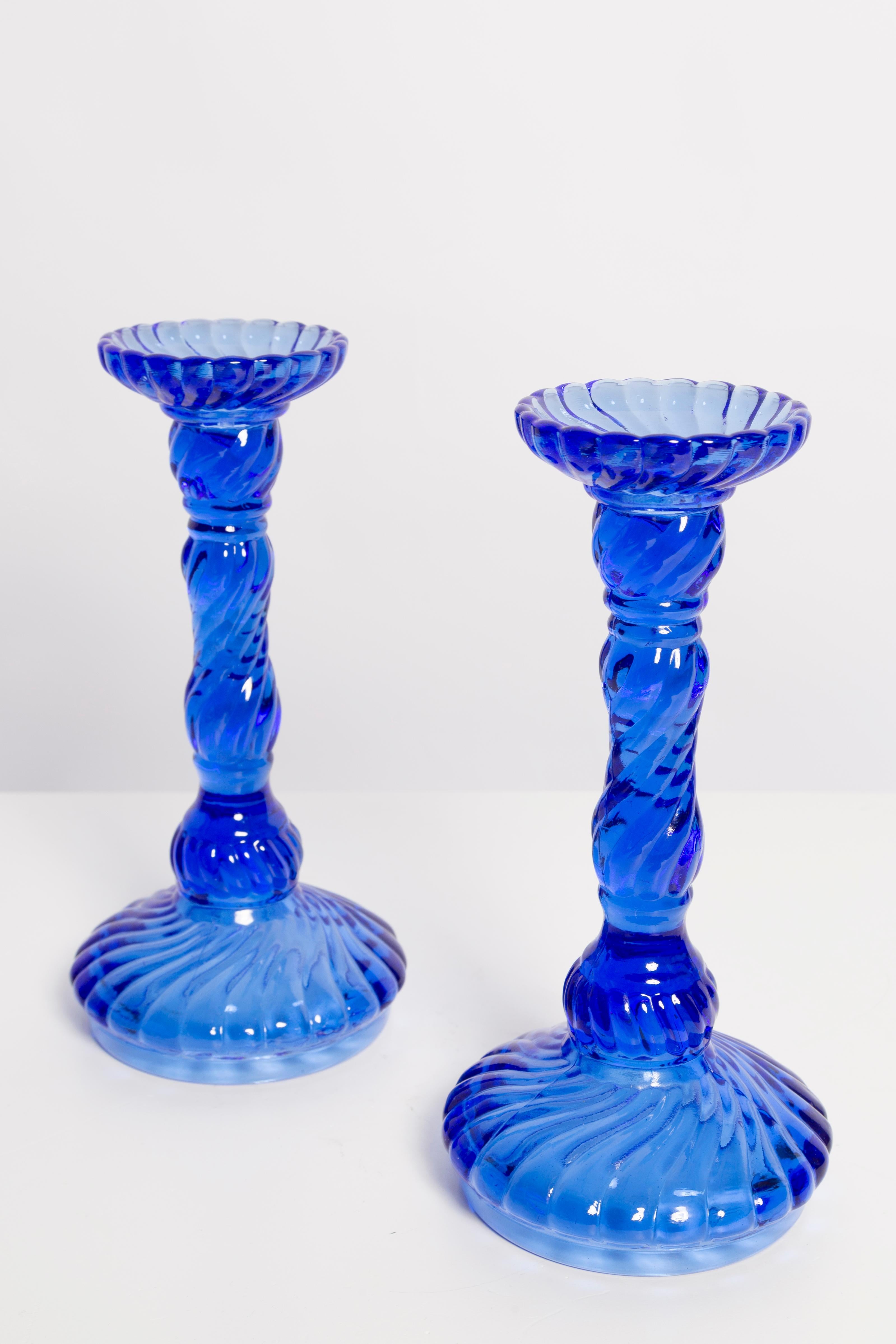 Mid-Century Modern Set of Two Mid-Century Deep Blue Glass Candlesticks, Europe, 1960s For Sale