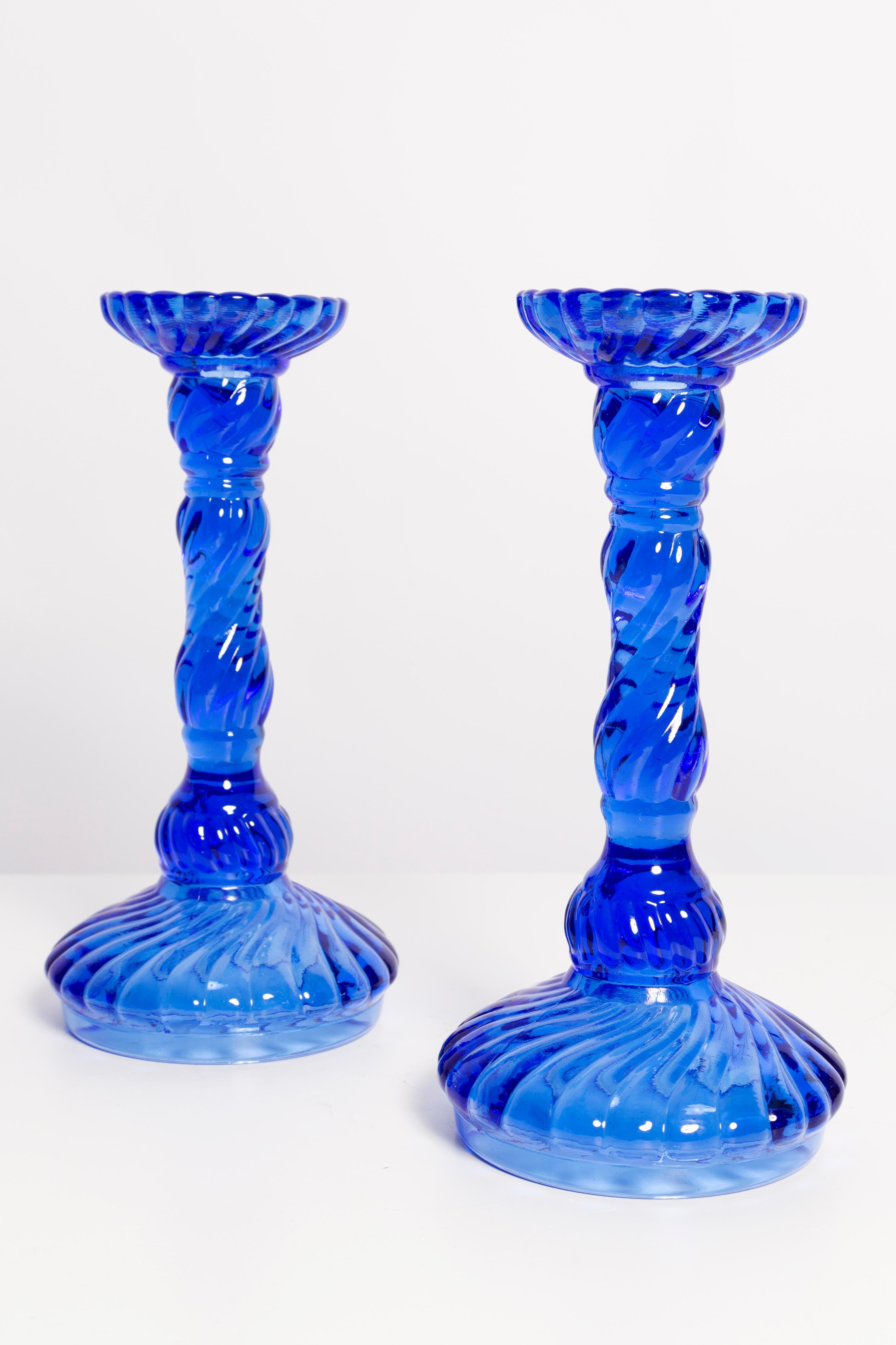 Polish Set of Two Mid-Century Deep Blue Glass Candlesticks, Europe, 1960s For Sale