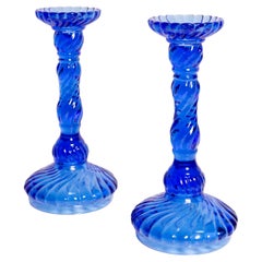 Vintage Set of Two Mid-Century Deep Blue Glass Candlesticks, Europe, 1960s