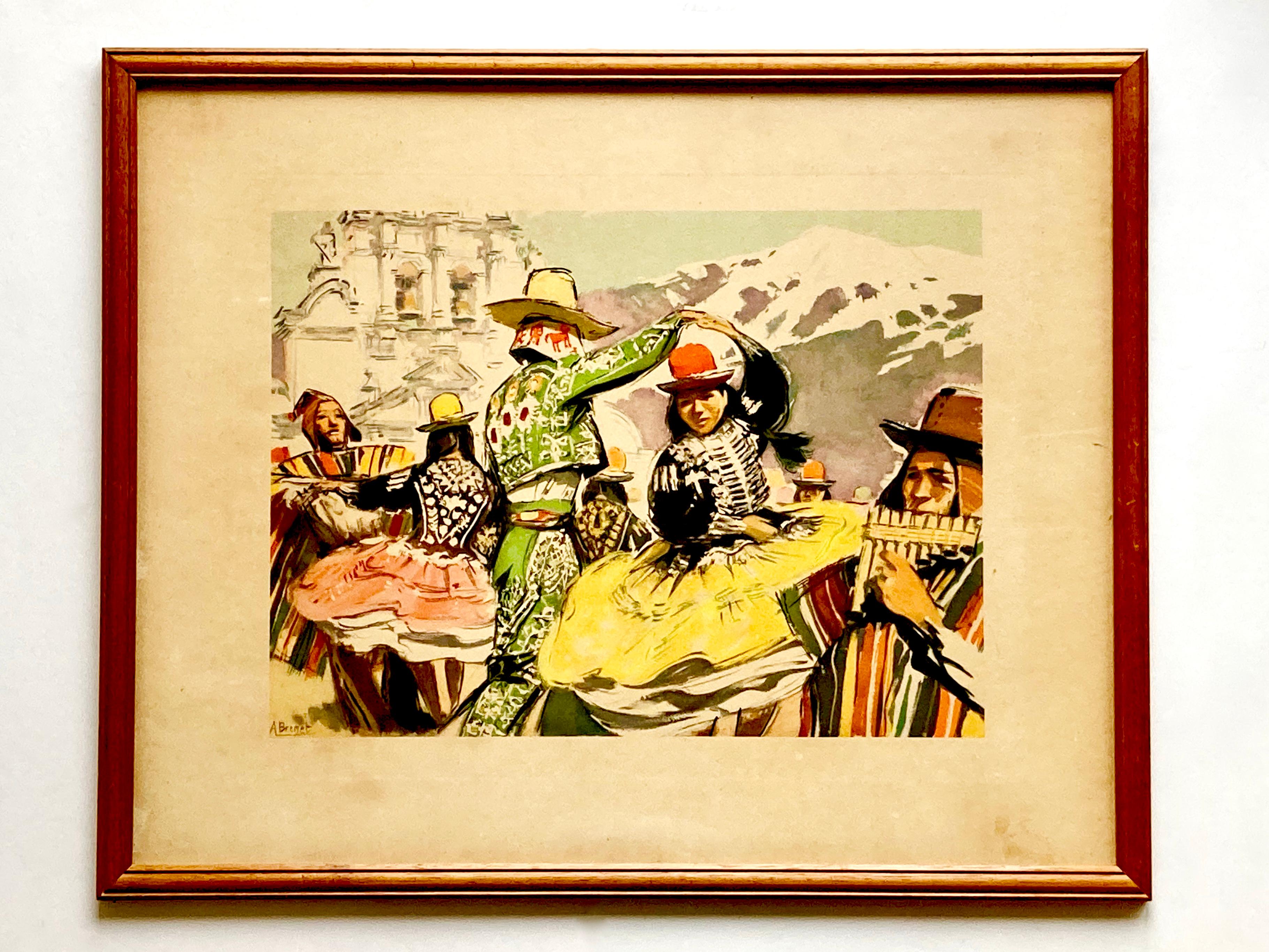Two authentic, framed, 1950s full-colored prints after originals by French artist Albert Brenet (1903-2005). One depicting a colorful scene from Thailand and the other from Bolivia.

Victor Albert Eugène Brenet was born in 1903 in Harfleur, France.