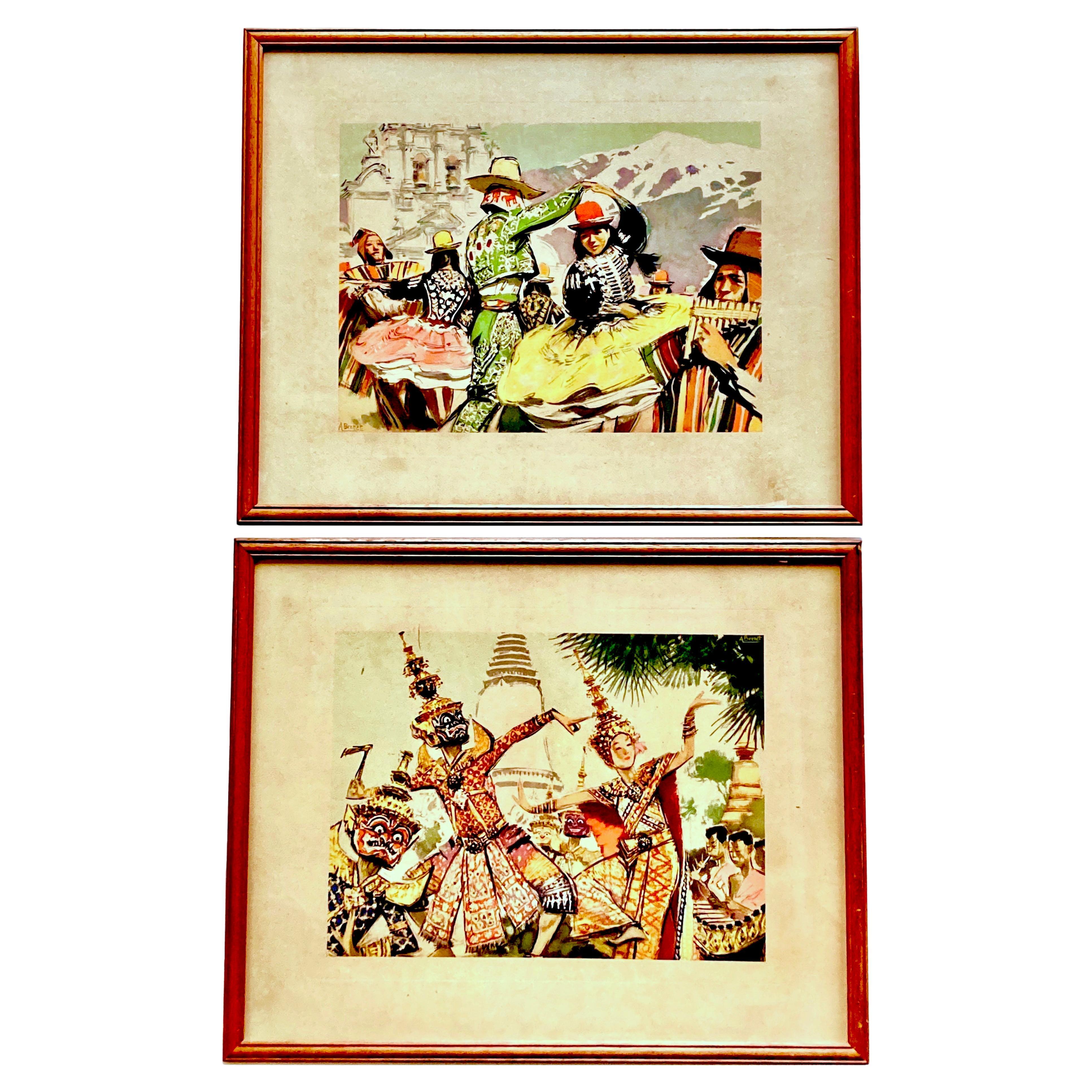 Set von zwei französischen gerahmten Farbdrucken von Albert Brenet aus der Mitte des Jahrhunderts (1903-2005) im Angebot
