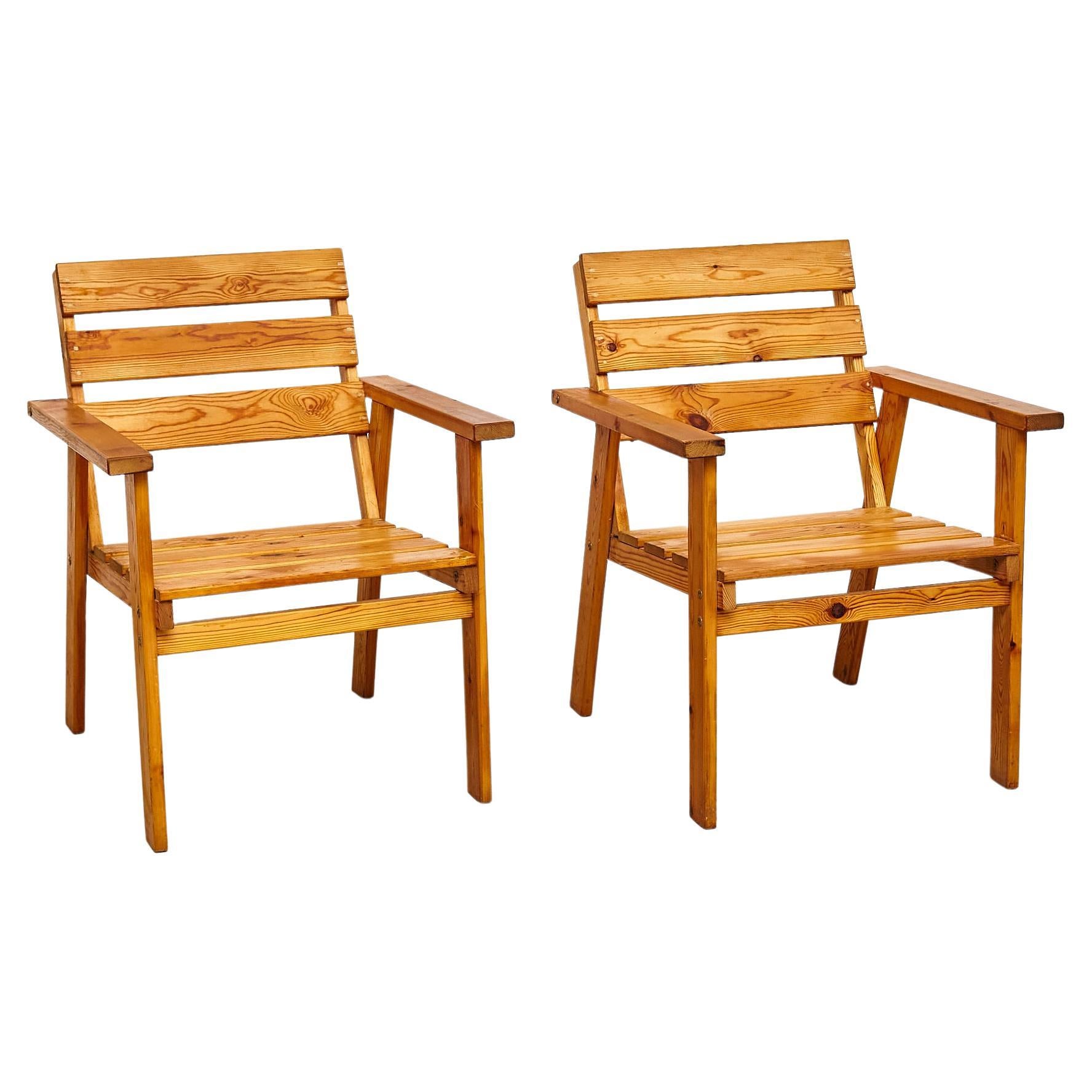 Set of Two Mid-Century French Wood Armchairs, circa 1960 For Sale