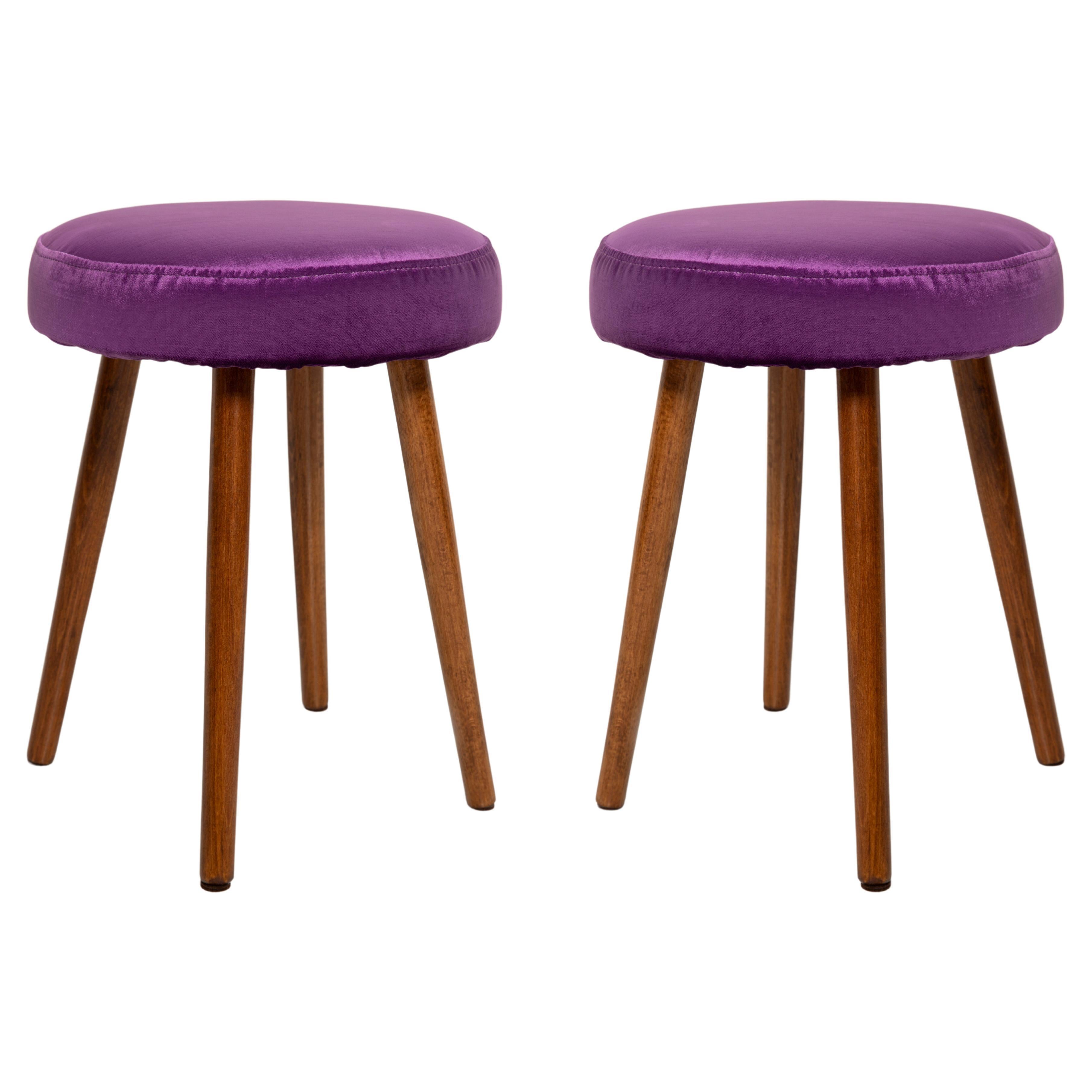 Set of Two Mid-Century Glossy Purple Velvet Stools, Europe, 1960s For Sale