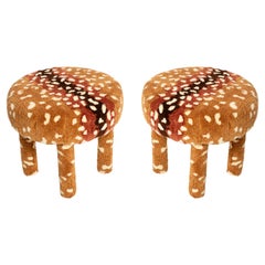 Set of Two Mid Century Hand Tufting Bambi Roe Deer Wool Stools, Europe, 1960s