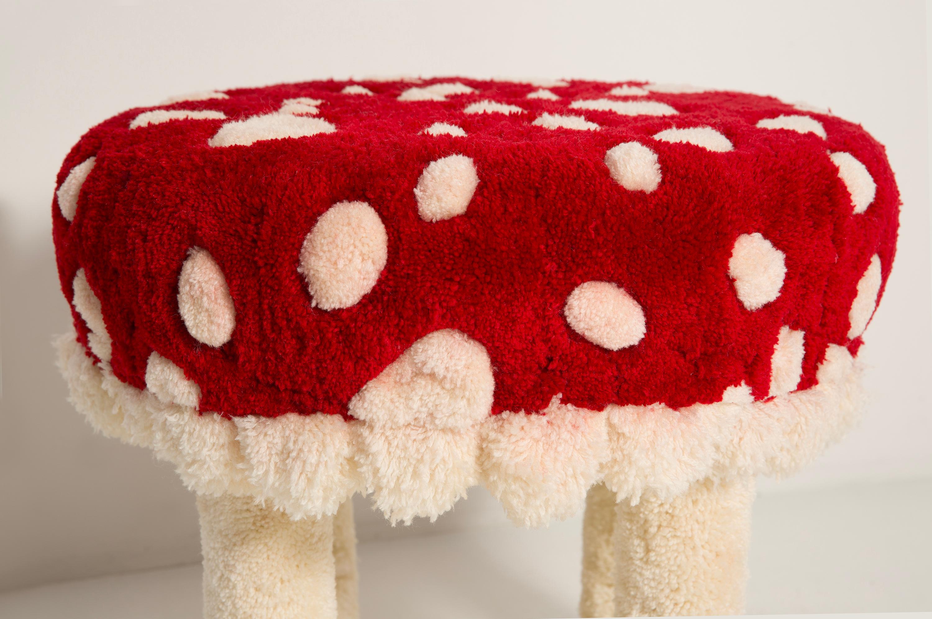 Set of Two Mid Century Hand Tufting Mushroom Wool Stools, Europe, 1960s For Sale 12