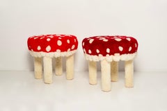 Set of Two Mid Century Hand Tufting Mushroom Wool Stools, Europe, 1960s