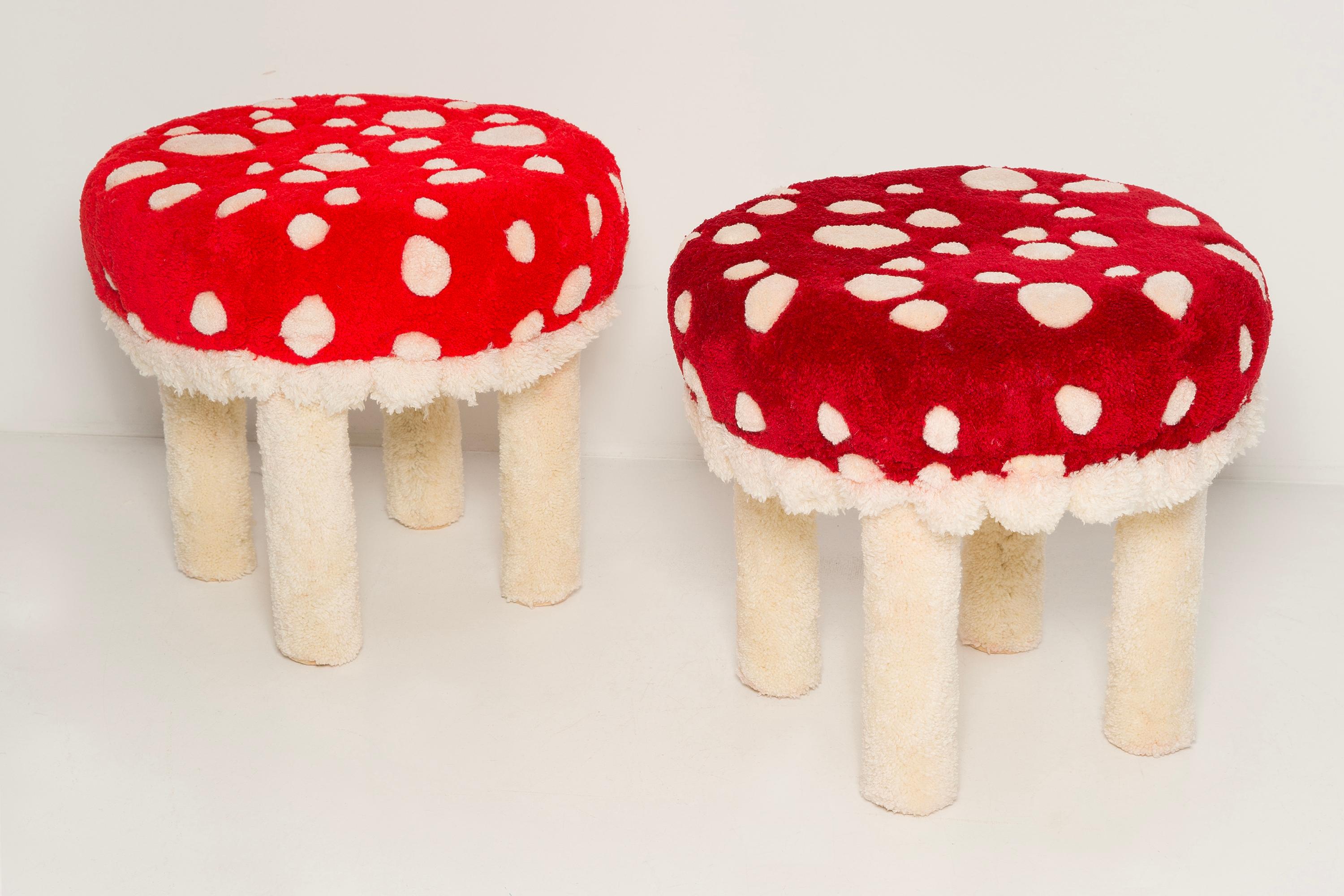 Polish Set of Two Mid Century Hand Tufting Mushroom Wool Stools, Europe, 1960s For Sale