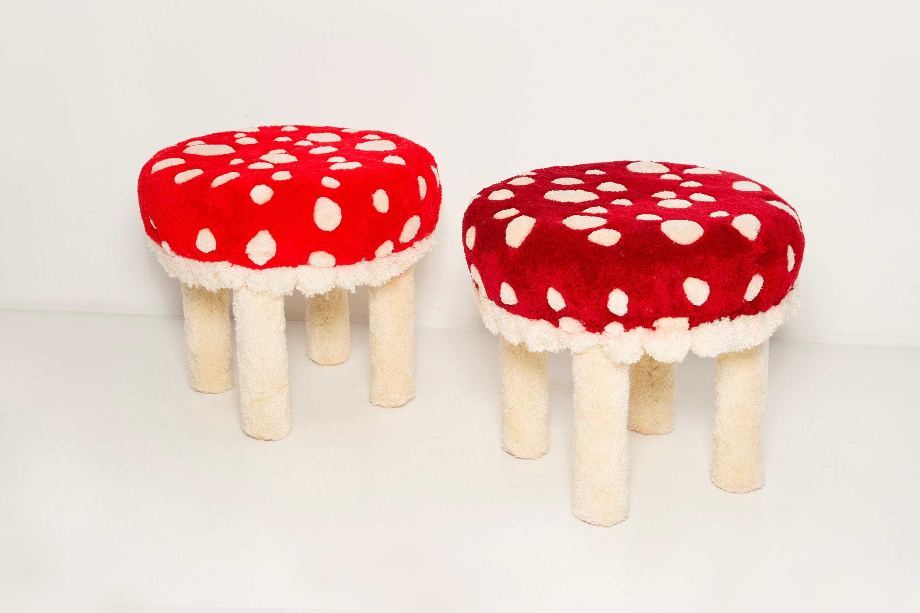Hand-Crafted Set of Two Mid Century Hand Tufting Mushroom Wool Stools, Europe, 1960s For Sale