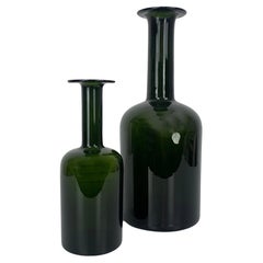 Vintage Set of two Mid-Century Holmegaard Gulv Vases by Otto Brauer in Olive Green Glass