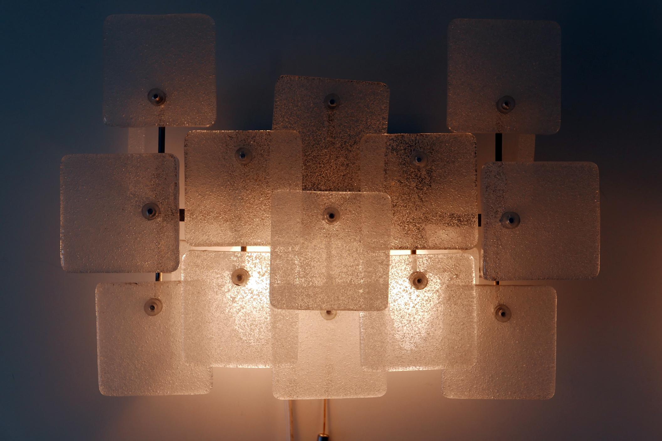 Metal Set of Two Midcentury Ice Glass Wall Lamps or Sconces by Kalmar Franken, 1960s For Sale