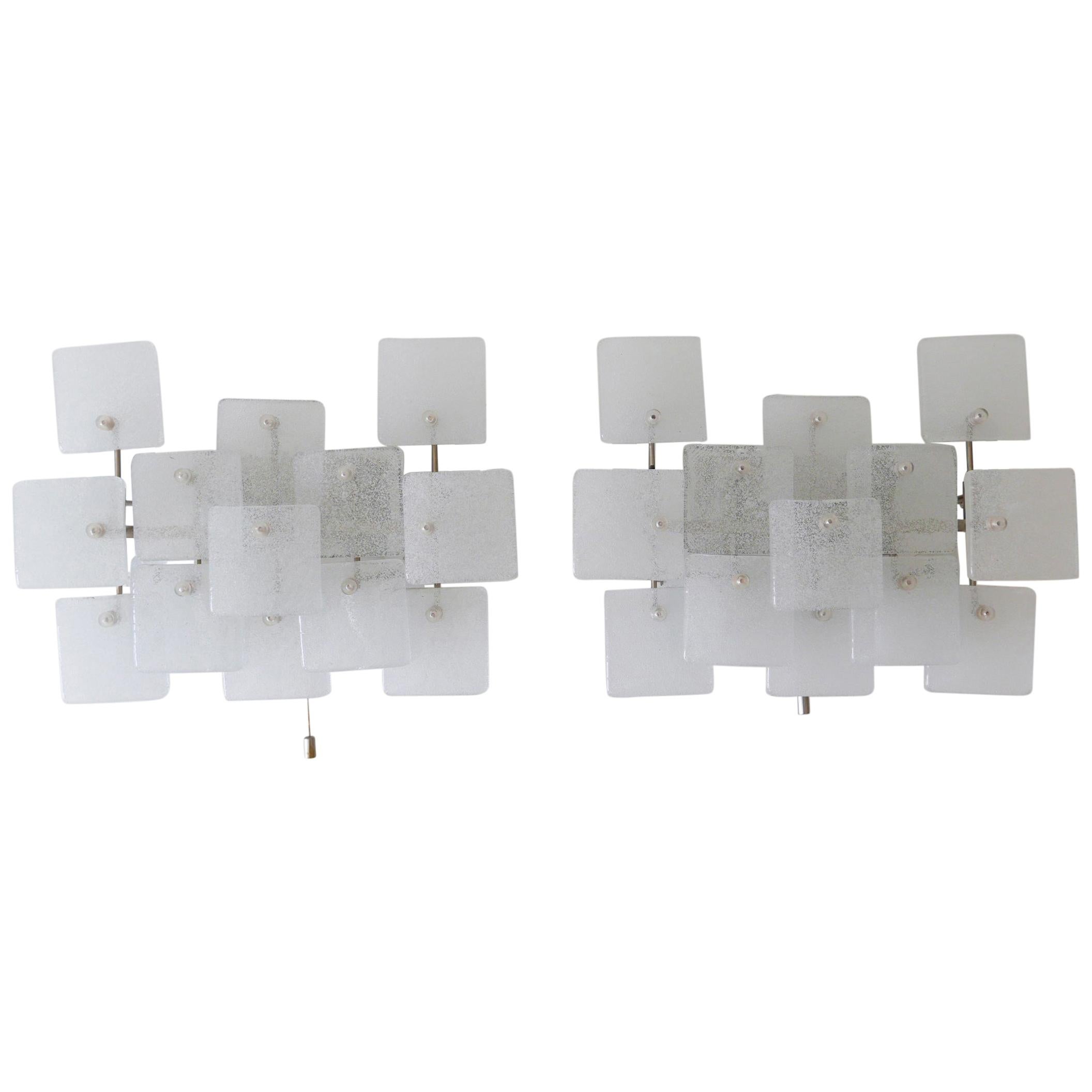 Set of Two Midcentury Ice Glass Wall Lamps or Sconces by Kalmar Franken, 1960s For Sale