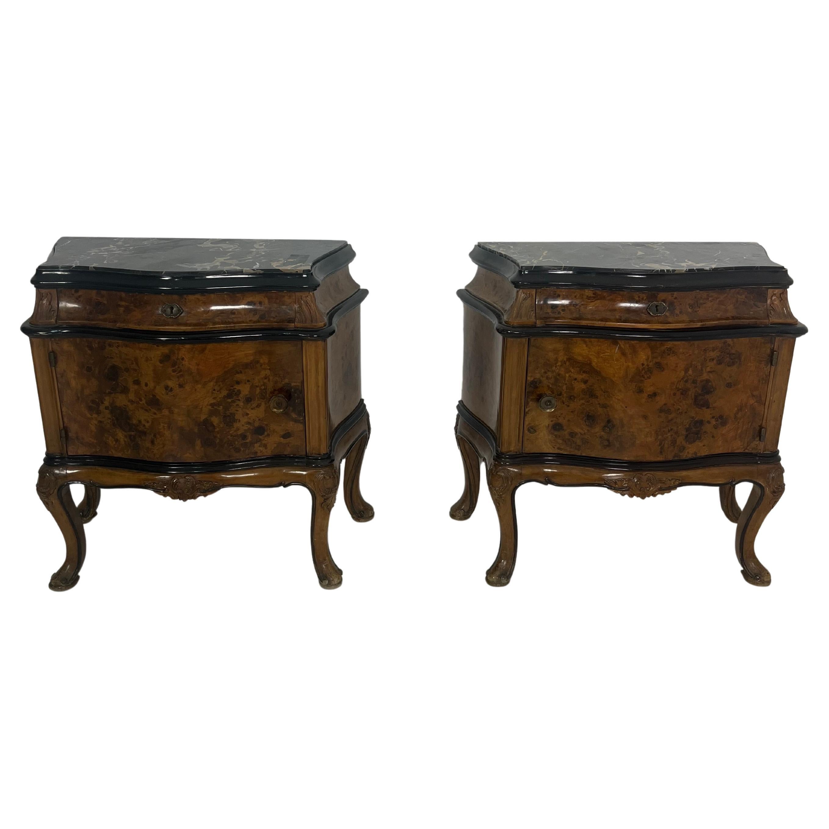 Ensemble de deux tables de nuit italiennes du milieu du siècle avec dessus en marbre, années 1950