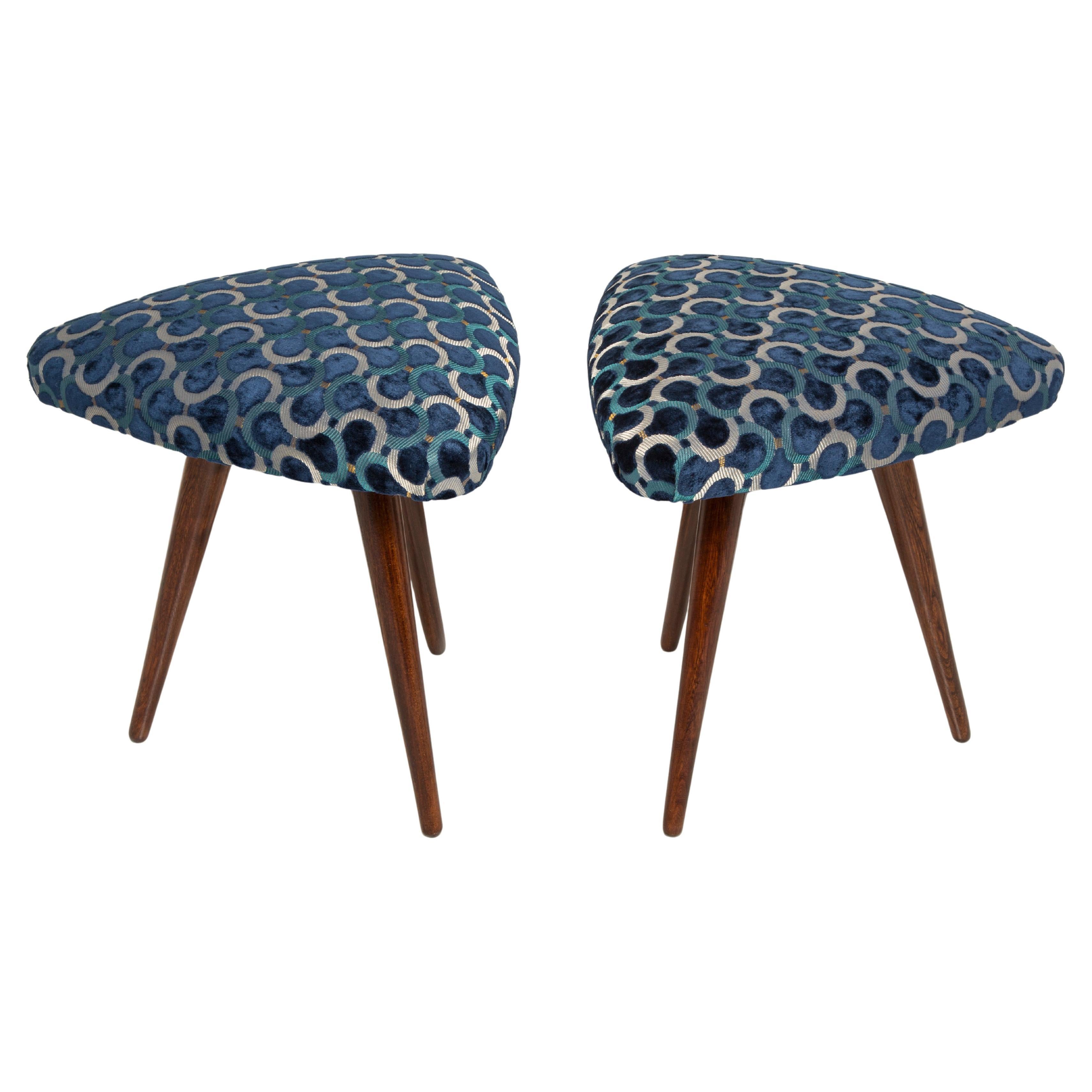 Set of Two Mid Century Scarabeo Blue Velvet Dedar Triangle Stools, Europe, 1960s
