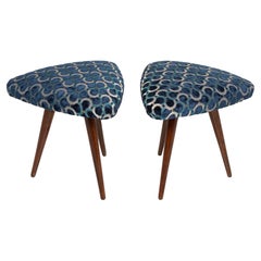 Set of Two Mid Century Scarabeo Blue Velvet Dedar Triangle Stools, Europe, 1960s