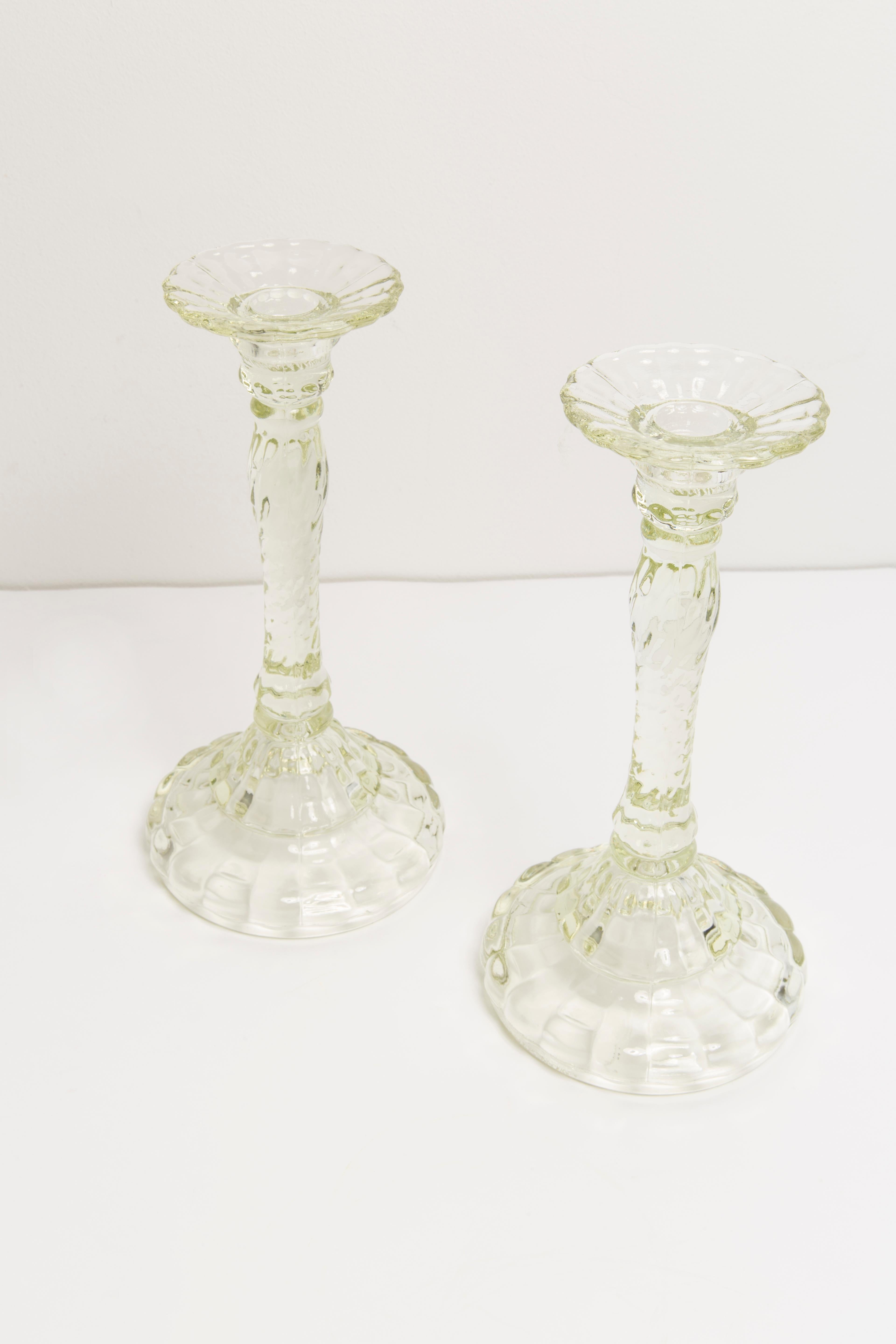 Mid-Century Modern Set of Two Mid Century Light Green Glass Candlesticks, Europe, 1960s For Sale