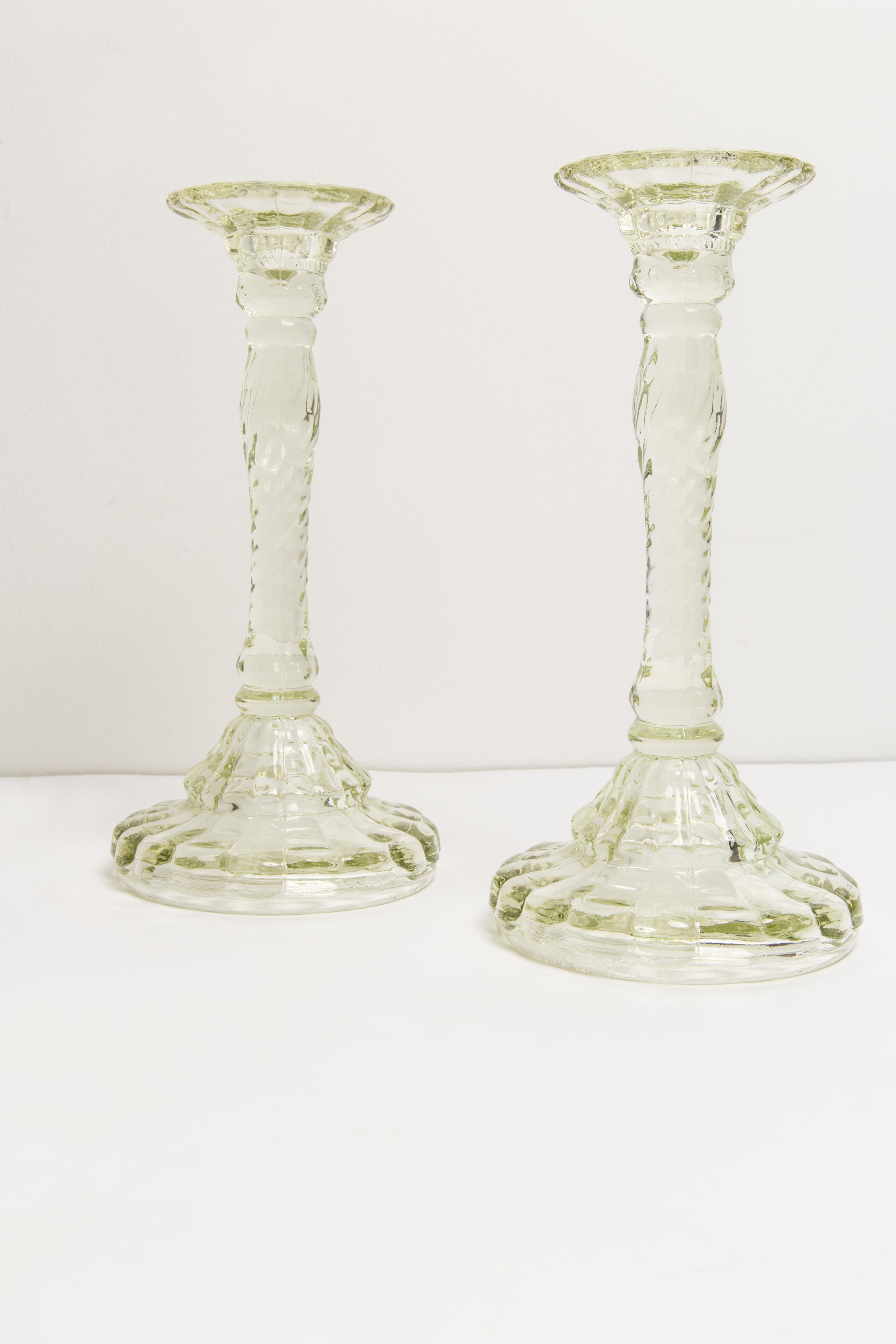 Polish Set of Two Mid Century Light Green Glass Candlesticks, Europe, 1960s For Sale