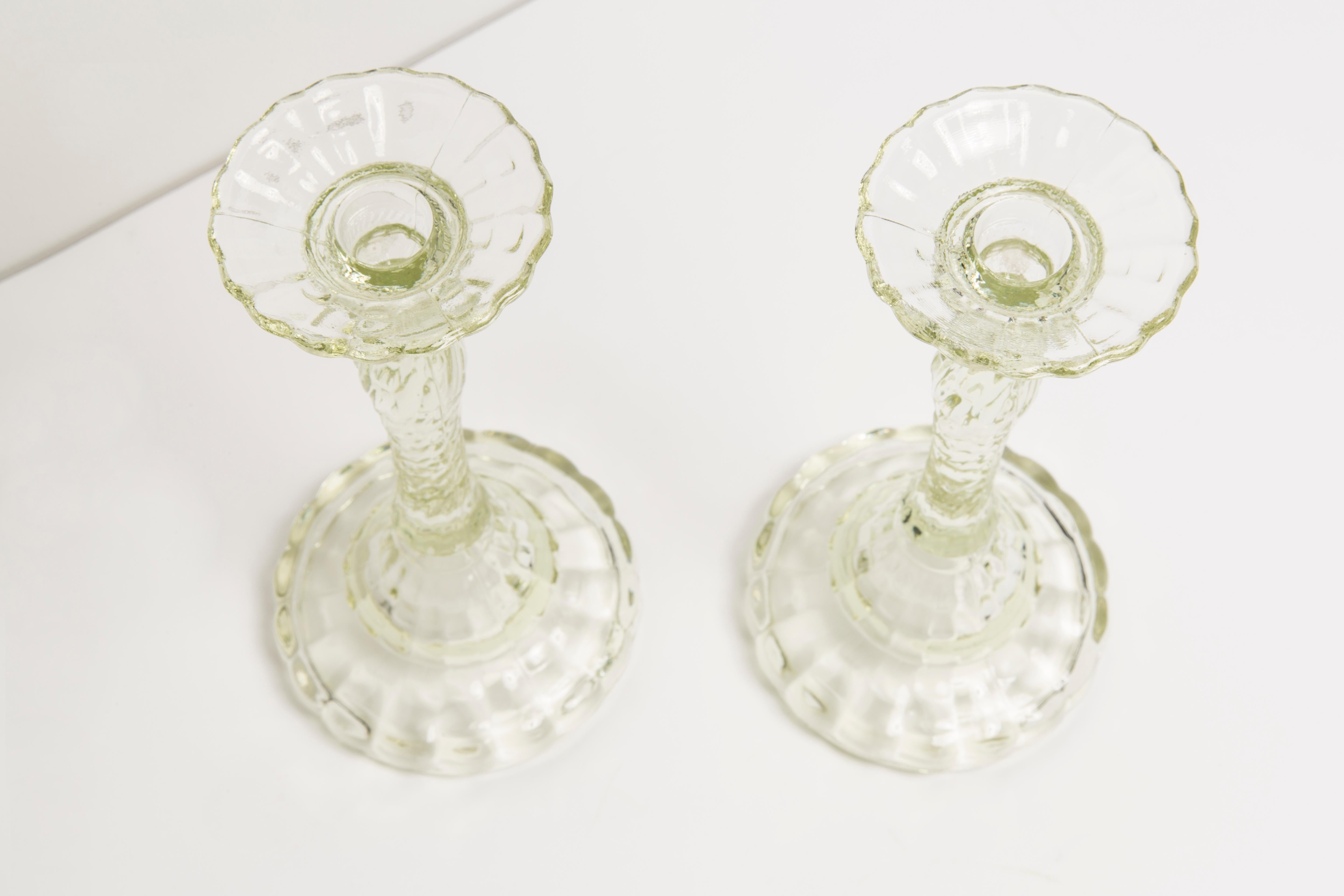 20th Century Set of Two Mid Century Light Green Glass Candlesticks, Europe, 1960s For Sale
