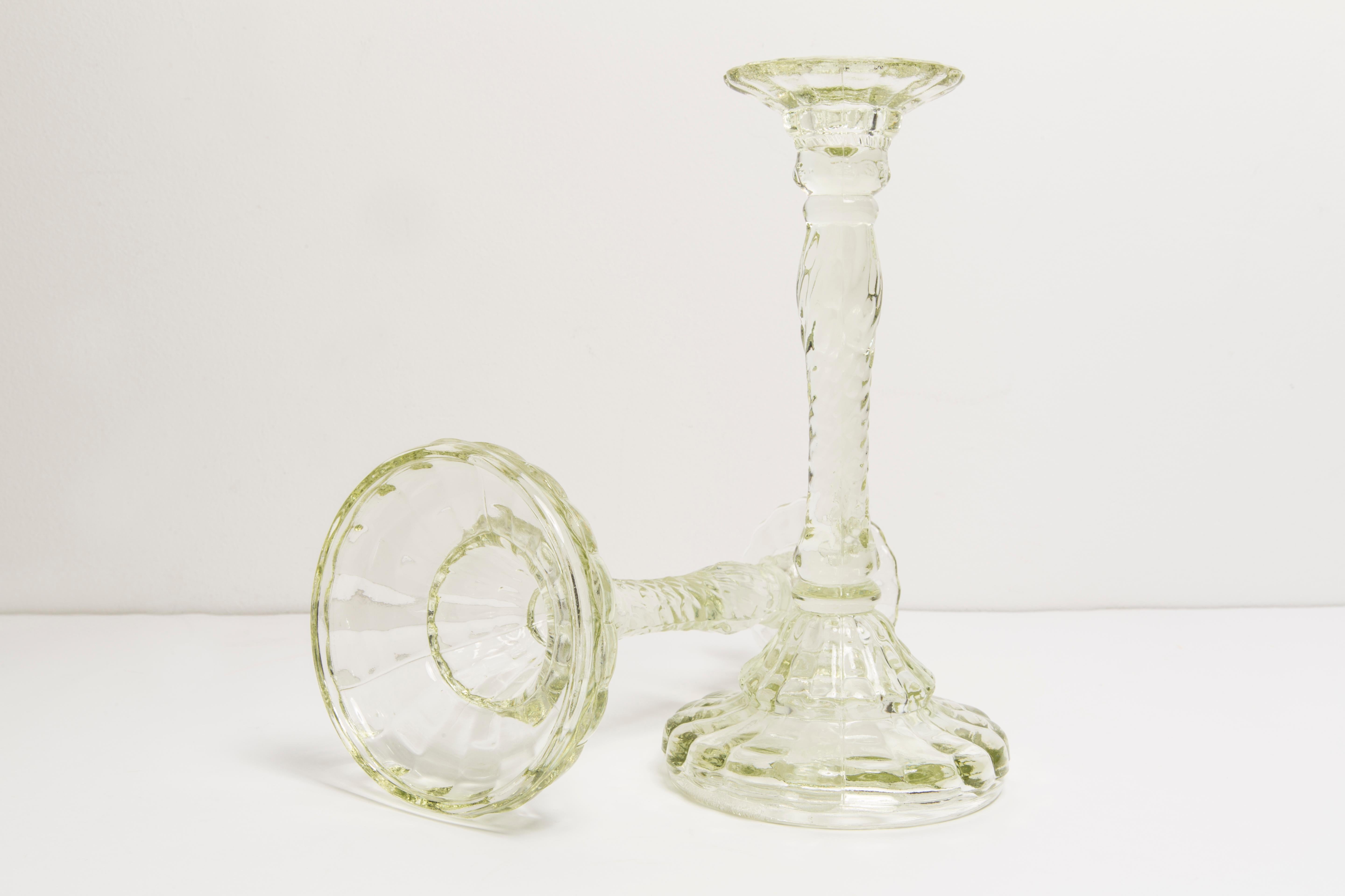 Set of Two Mid Century Light Green Glass Candlesticks, Europe, 1960s For Sale 1