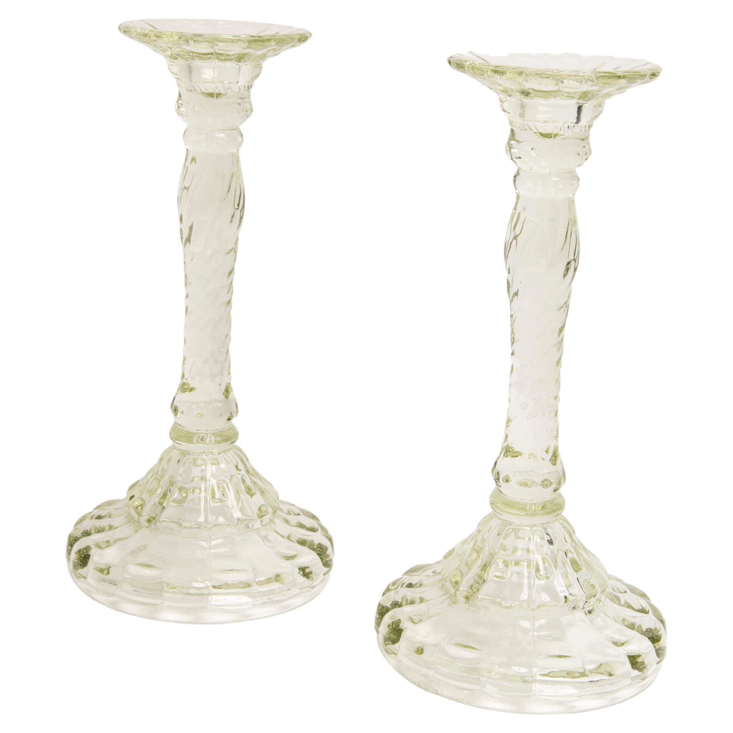 Set of Two Mid Century Light Green Glass Candlesticks, Europe, 1960s For Sale
