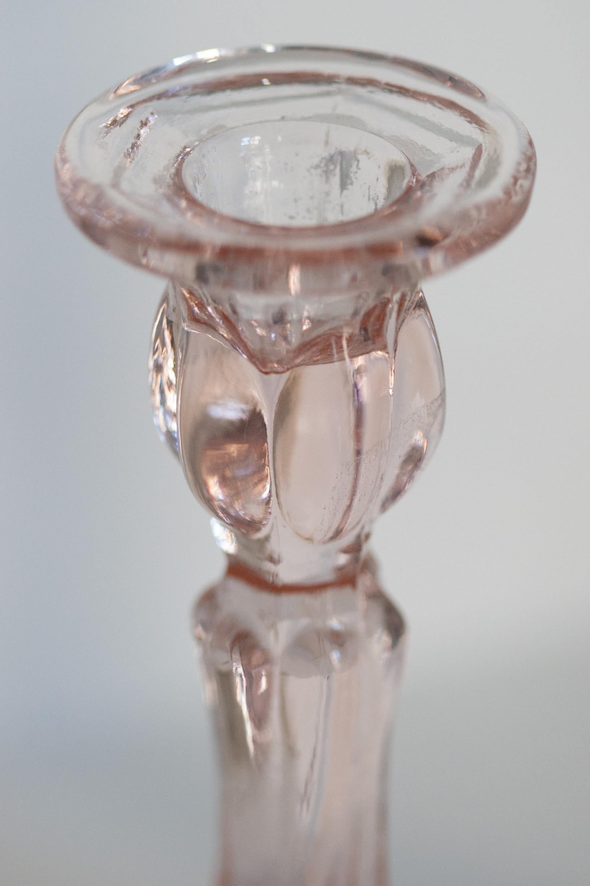 Set of Two Mid Century Light Rose Pink Glass Candlesticks, Europe, 1960s For Sale 4