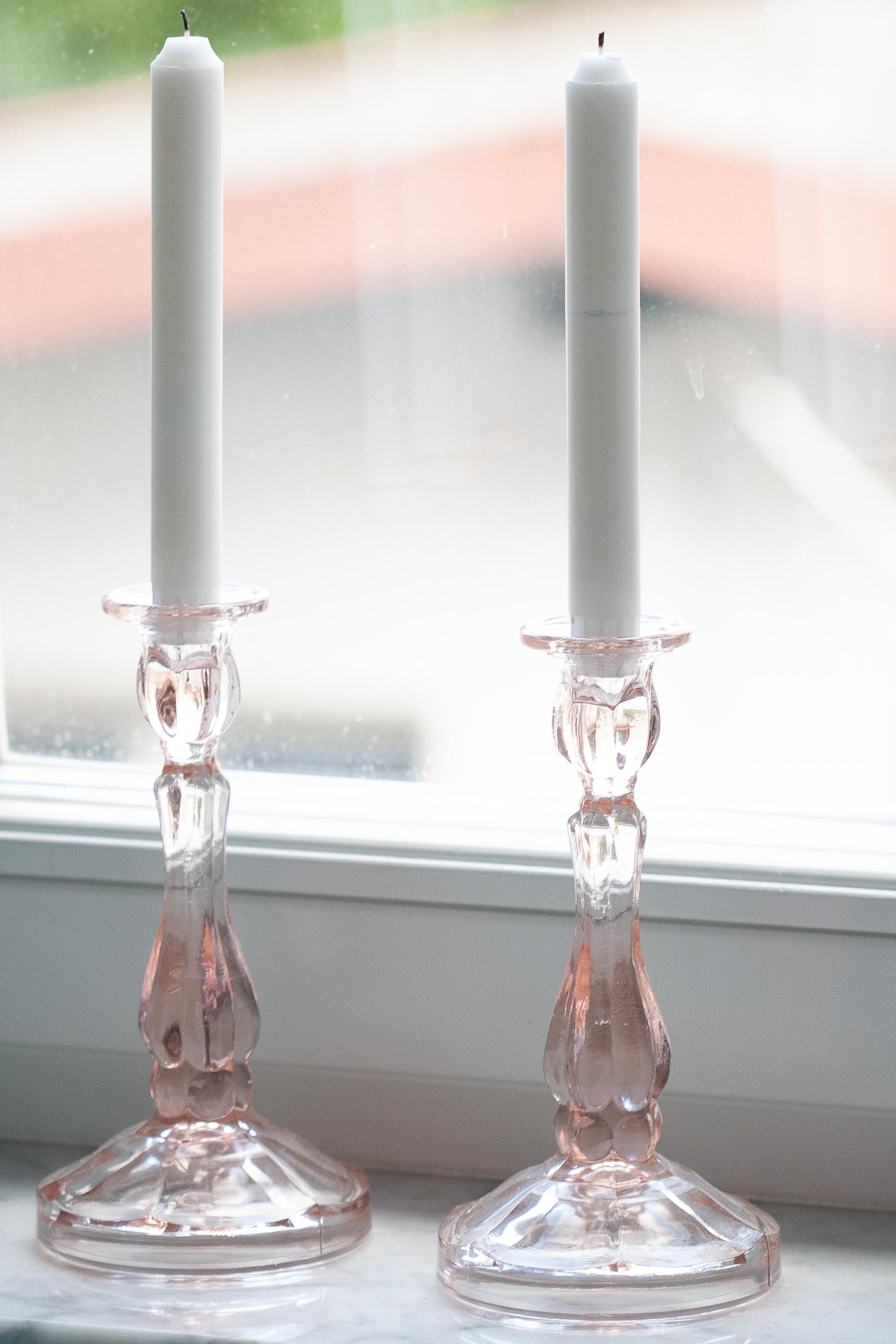 Set of two midcentury Polish modern glass candlesticks, circa 1960. 
Very good condition. No damages. Beautiful light pink glass.