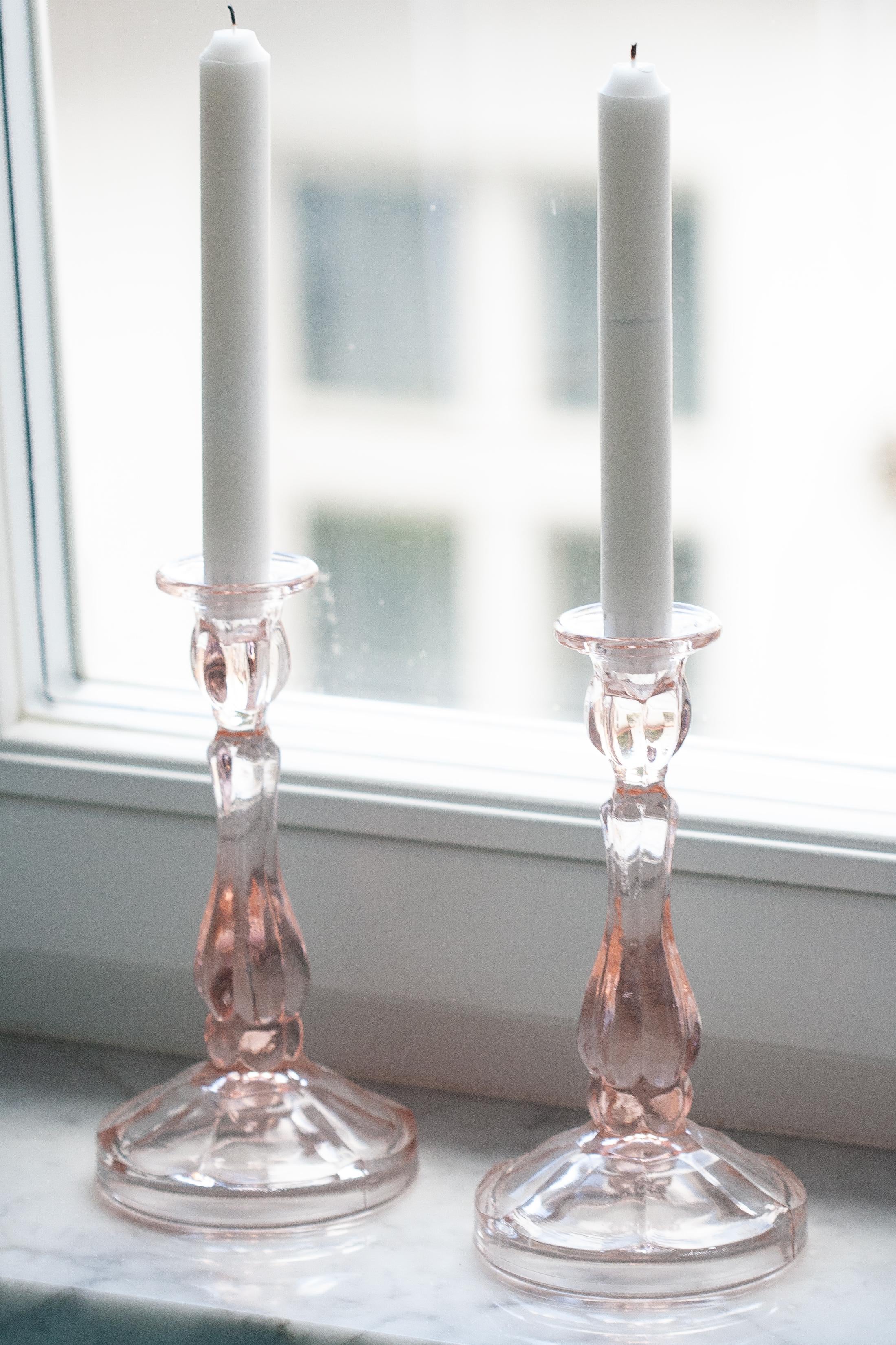 Polish Set of Two Mid Century Light Rose Pink Glass Candlesticks, Europe, 1960s For Sale