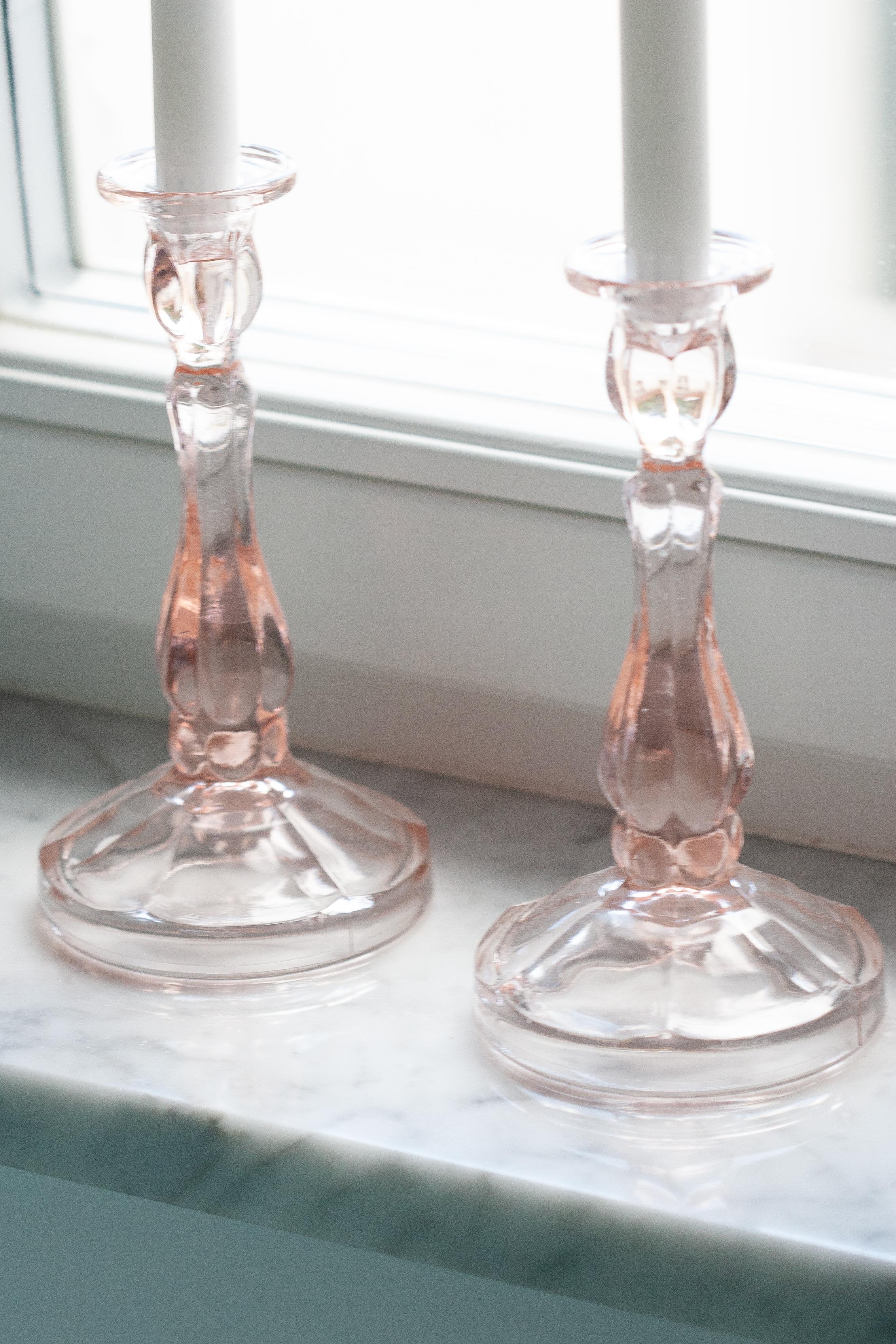 20th Century Set of Two Mid Century Light Rose Pink Glass Candlesticks, Europe, 1960s For Sale