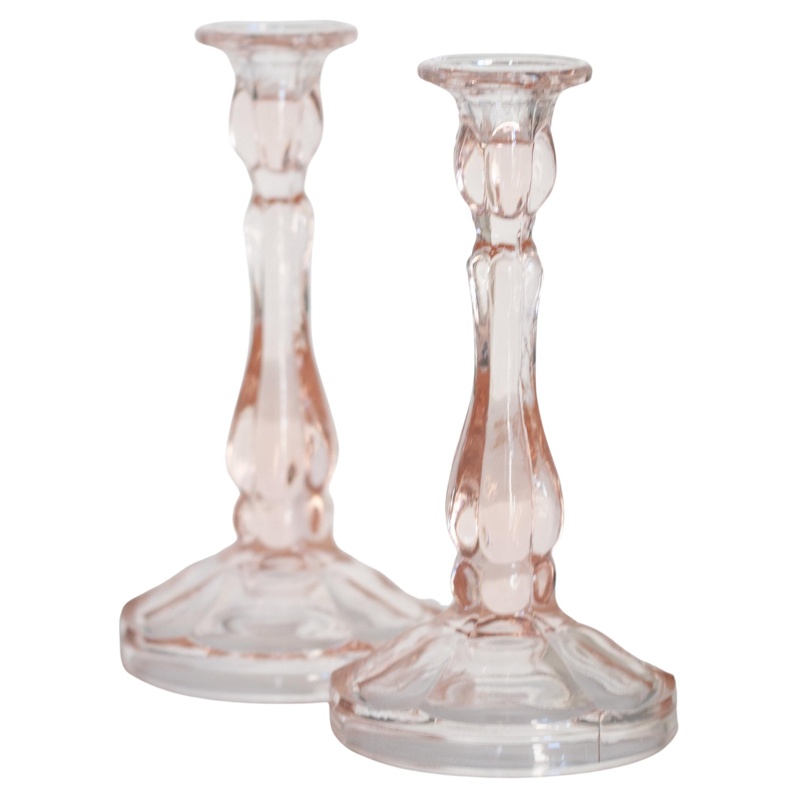 Set of Two Mid Century Light Rose Pink Glass Candlesticks, Europe, 1960s For Sale