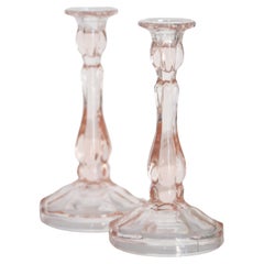 Vintage Set of Two Mid Century Light Rose Pink Glass Candlesticks, Europe, 1960s