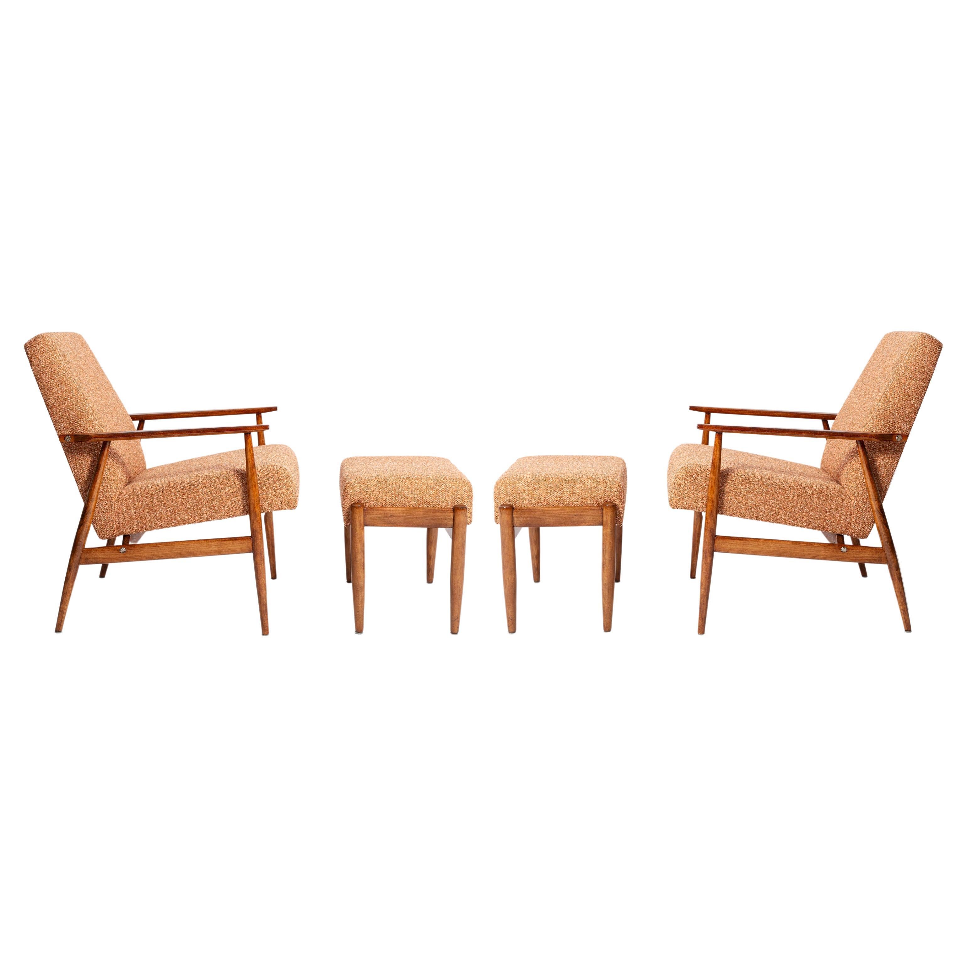 Set of Two Mid Century Melange Orange Dante Armchairs and stools, H. Lis, 1960s For Sale