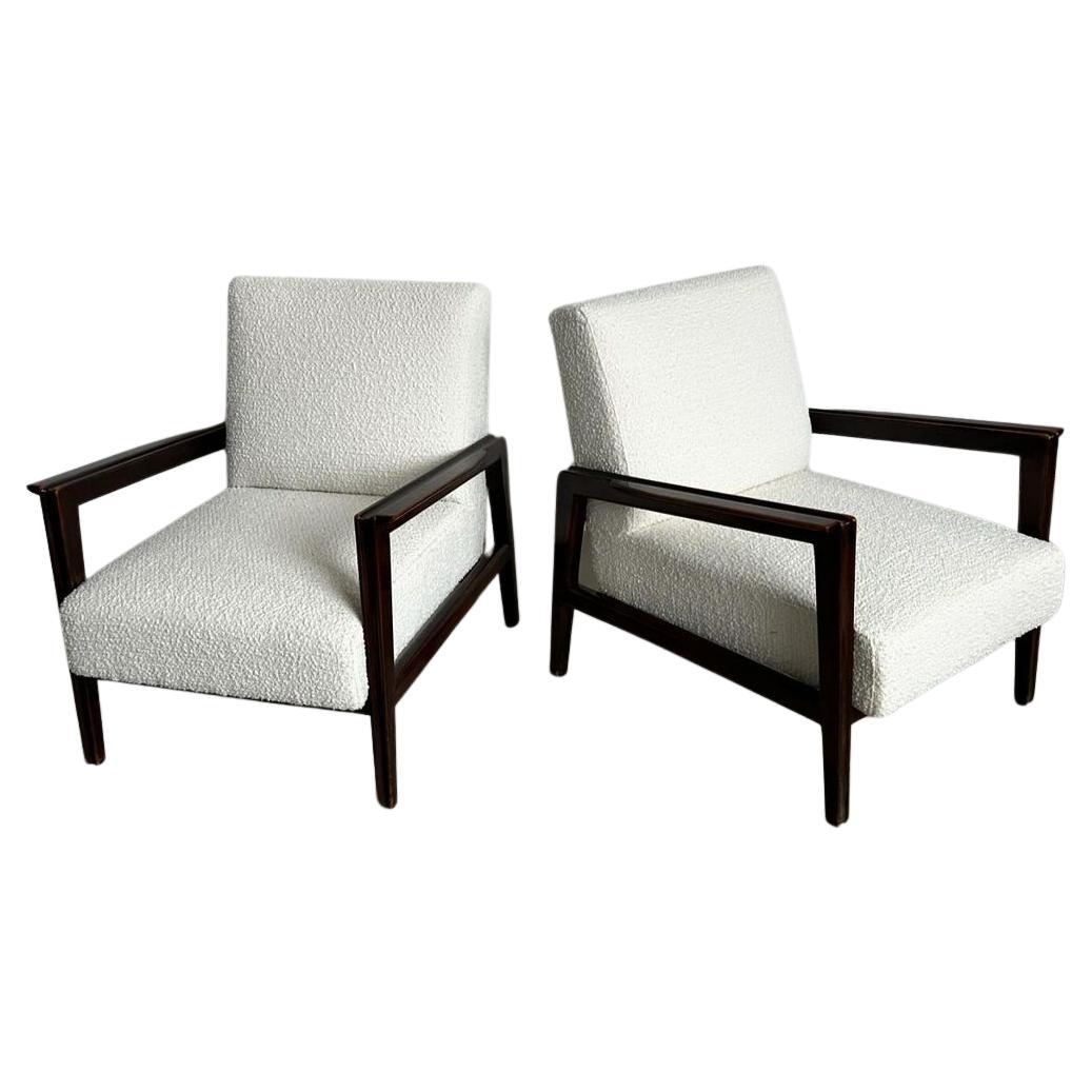 Set of two Mid Century Modern armchairs in walnut and white boucle upholstery