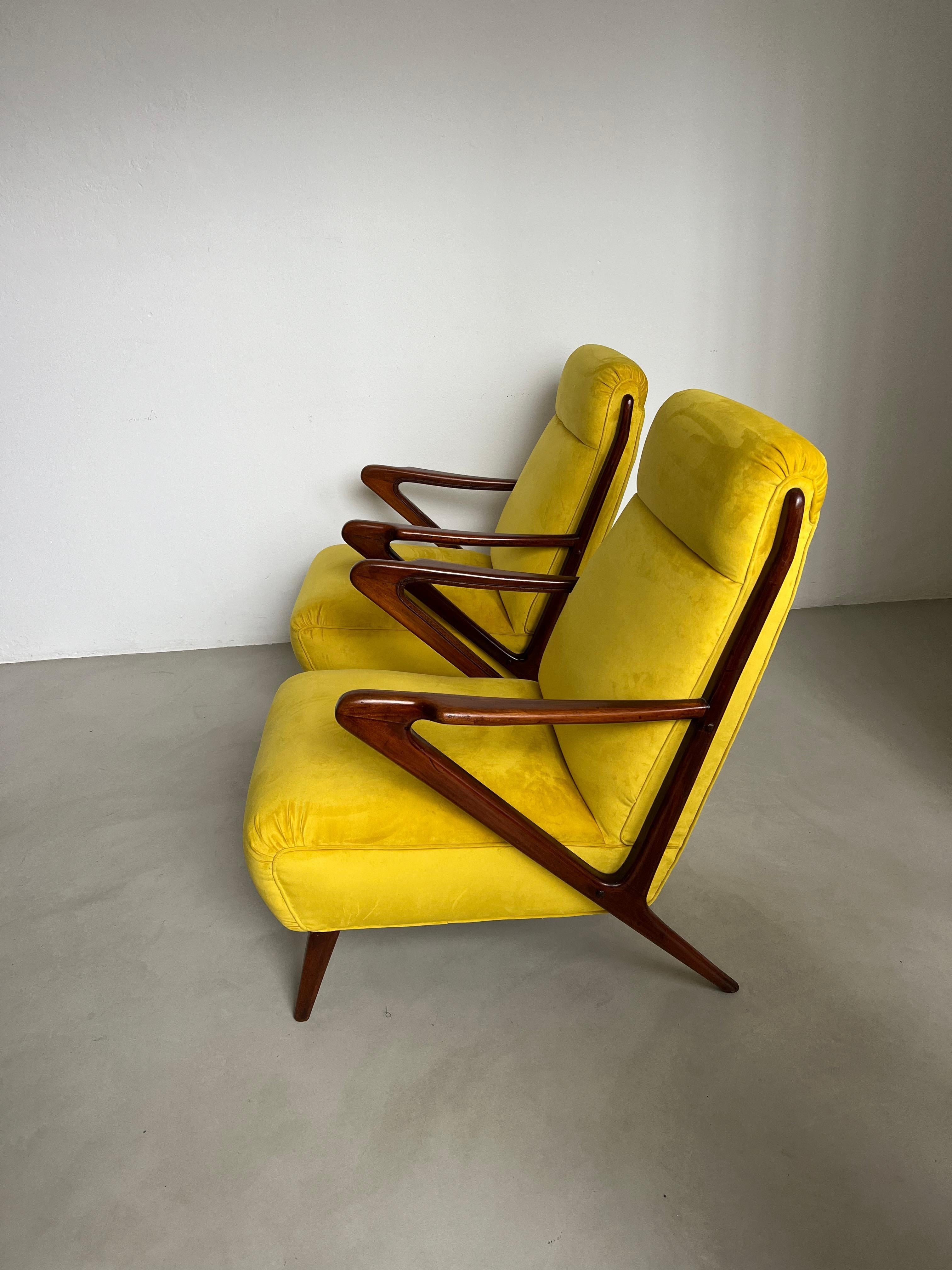 Pair of Vintage Armchairs in Bright Yellow Velvet , 1950's Mid Century Italian For Sale 8