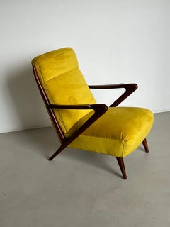 Pair of Vintage Armchairs in Bright Yellow Velvet , 1950's Mid Century Italian