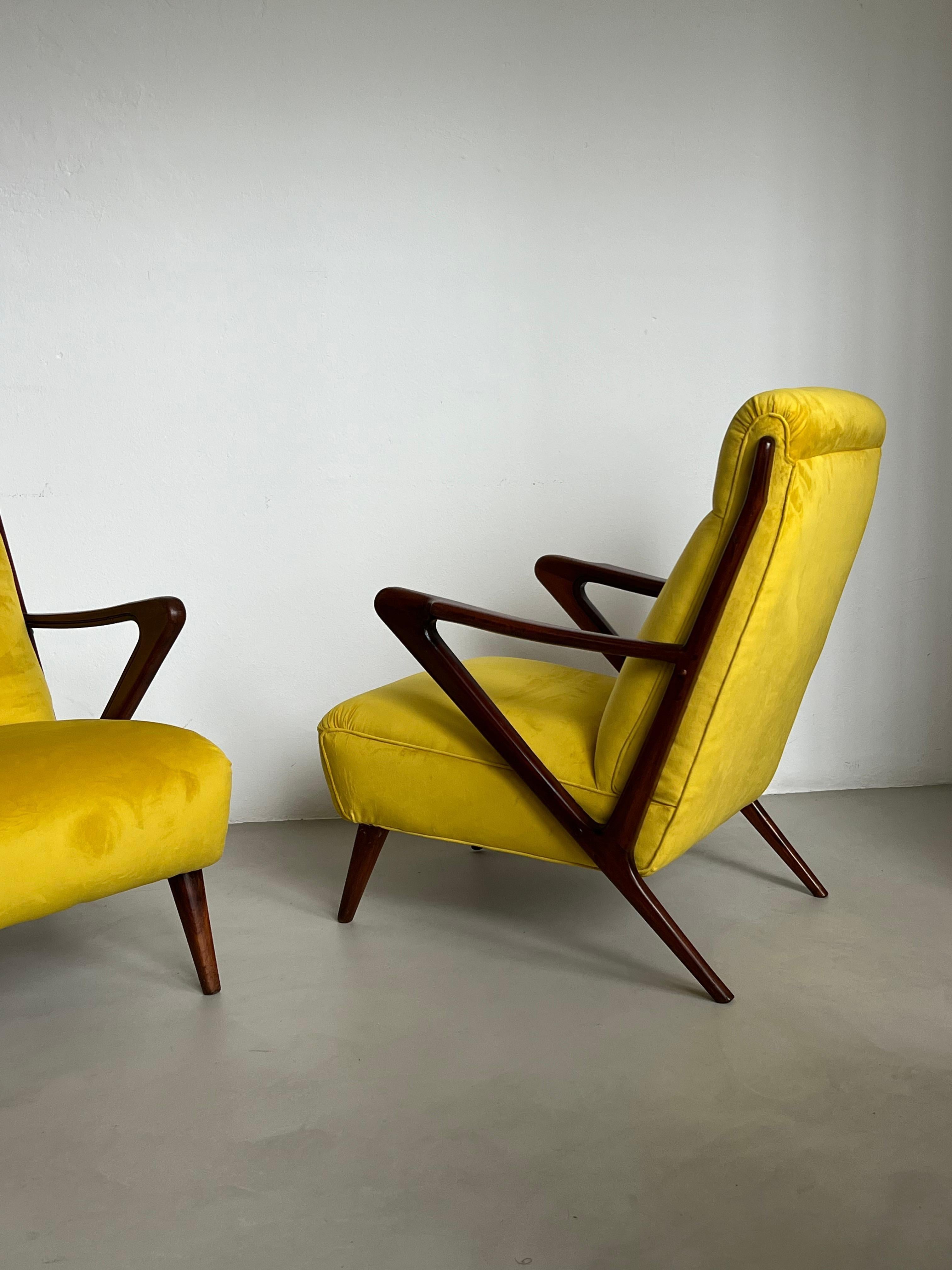 Mid-20th Century Pair of Vintage Armchairs in Bright Yellow Velvet , 1950's Mid Century Italian For Sale