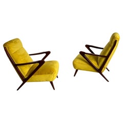Pair of Vintage Armchairs in Bright Yellow Velvet , 1950's Mid Century Italian