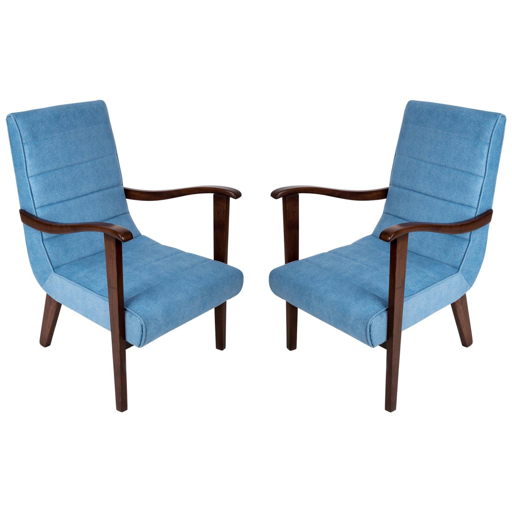 Set of Two Mid-Century Modern Blue Armchairs by Prudnik Factory, 1960s, Poland For Sale