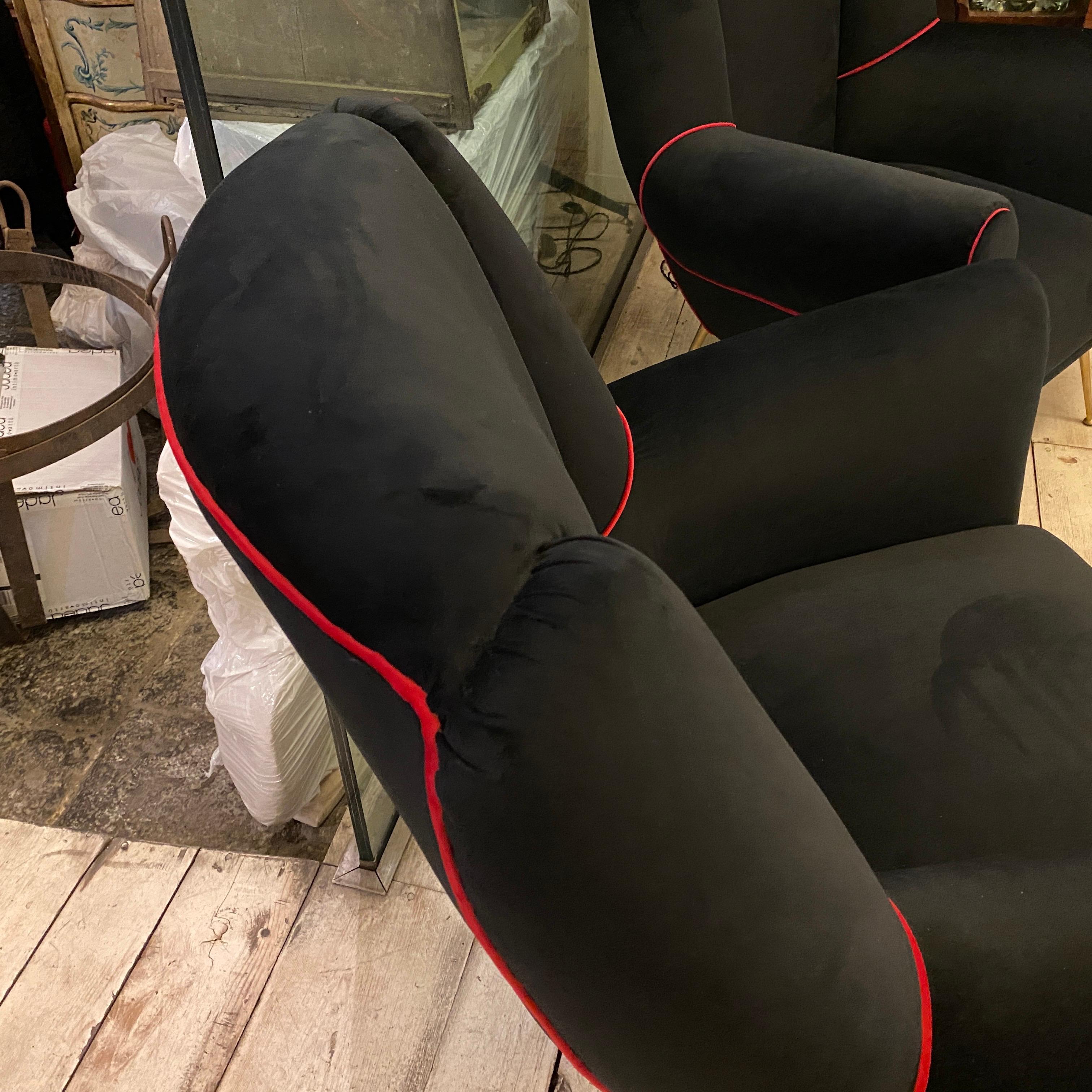 Set of Two Mid-Century Modern Black and Red Velvet Italian Armchairs, 1950s 7