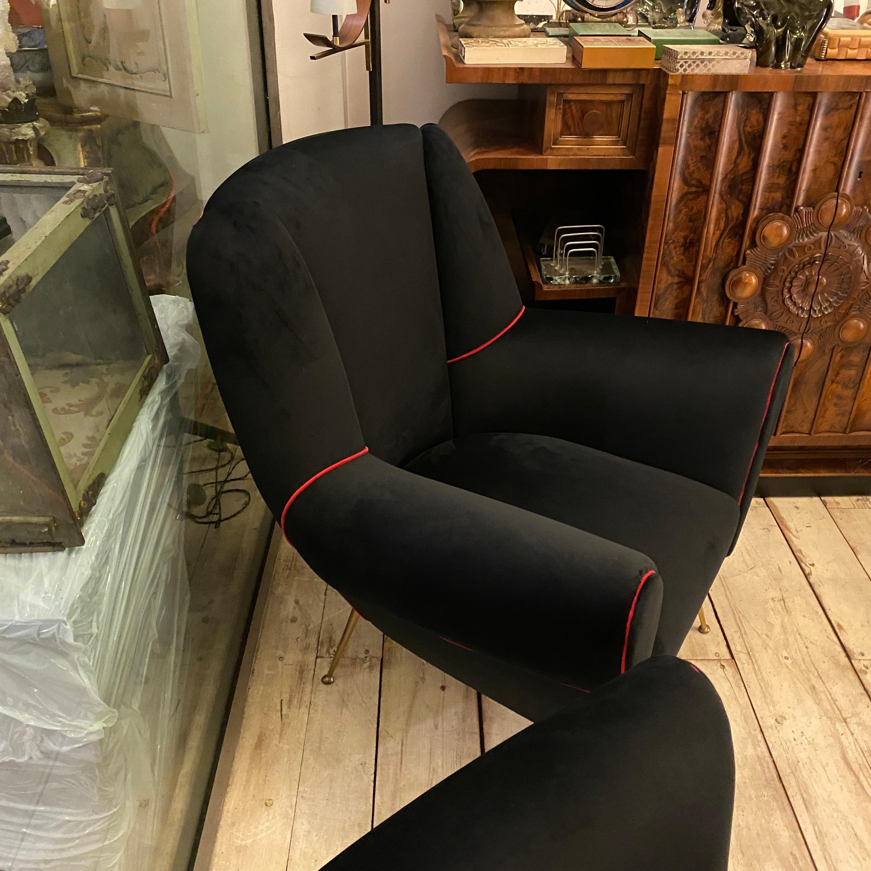 Set of Two Mid-Century Modern Black and Red Velvet Italian Armchairs, 1950s 8