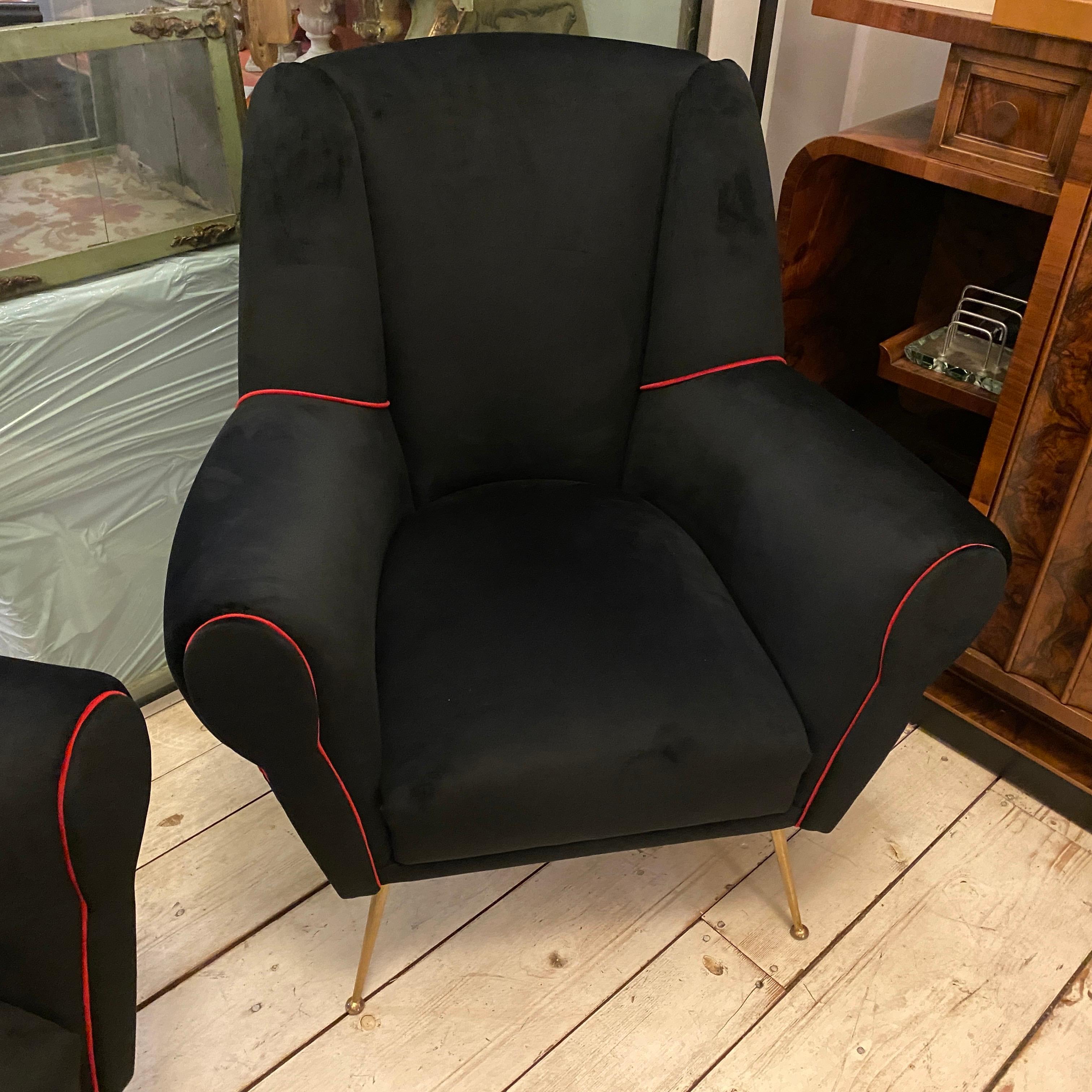 Set of Two Mid-Century Modern Black and Red Velvet Italian Armchairs, 1950s 1