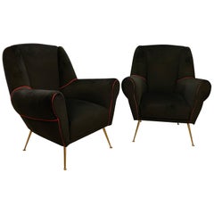 Set of Two Mid-Century Modern Black and Red Velvet Italian Armchairs, 1950s
