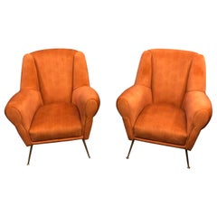 1960s Set of Two Mid-Century Modern Brass and Orange Velvet Armchairs