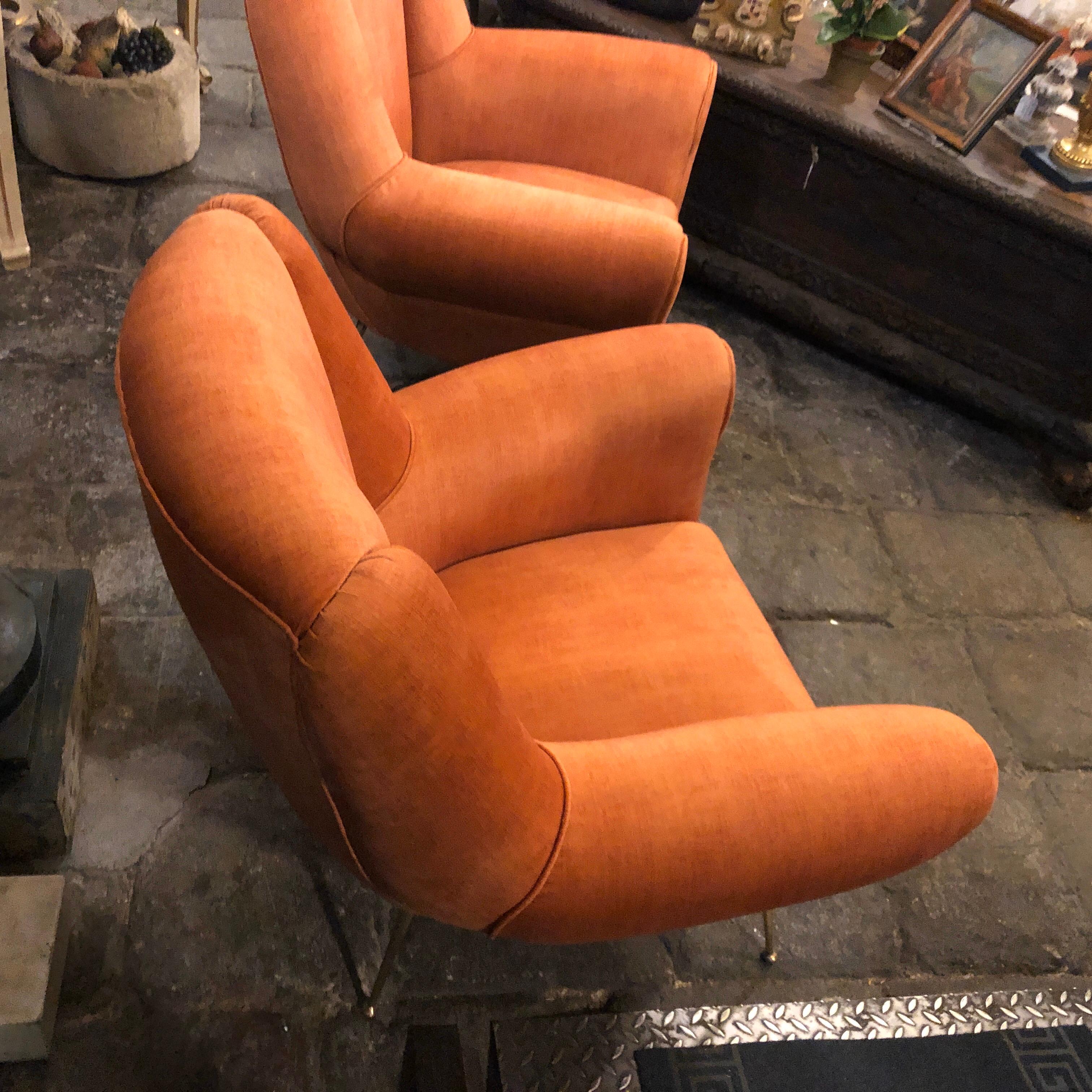 1960s Pair of Gio Ponti Style Mid-Century Modern Orange Velvet Armchairs 5