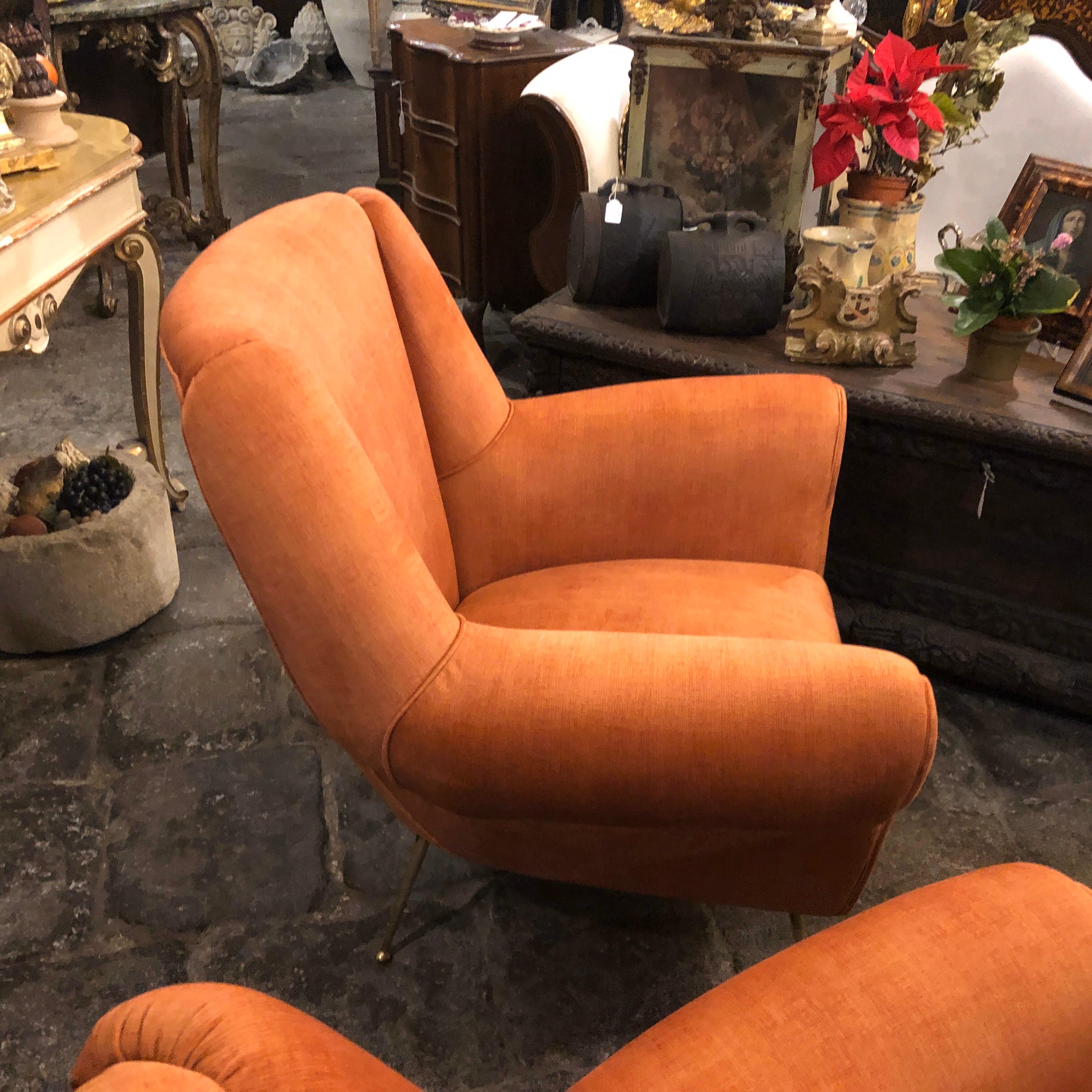 1960s Pair of Gio Ponti Style Mid-Century Modern Orange Velvet Armchairs 6