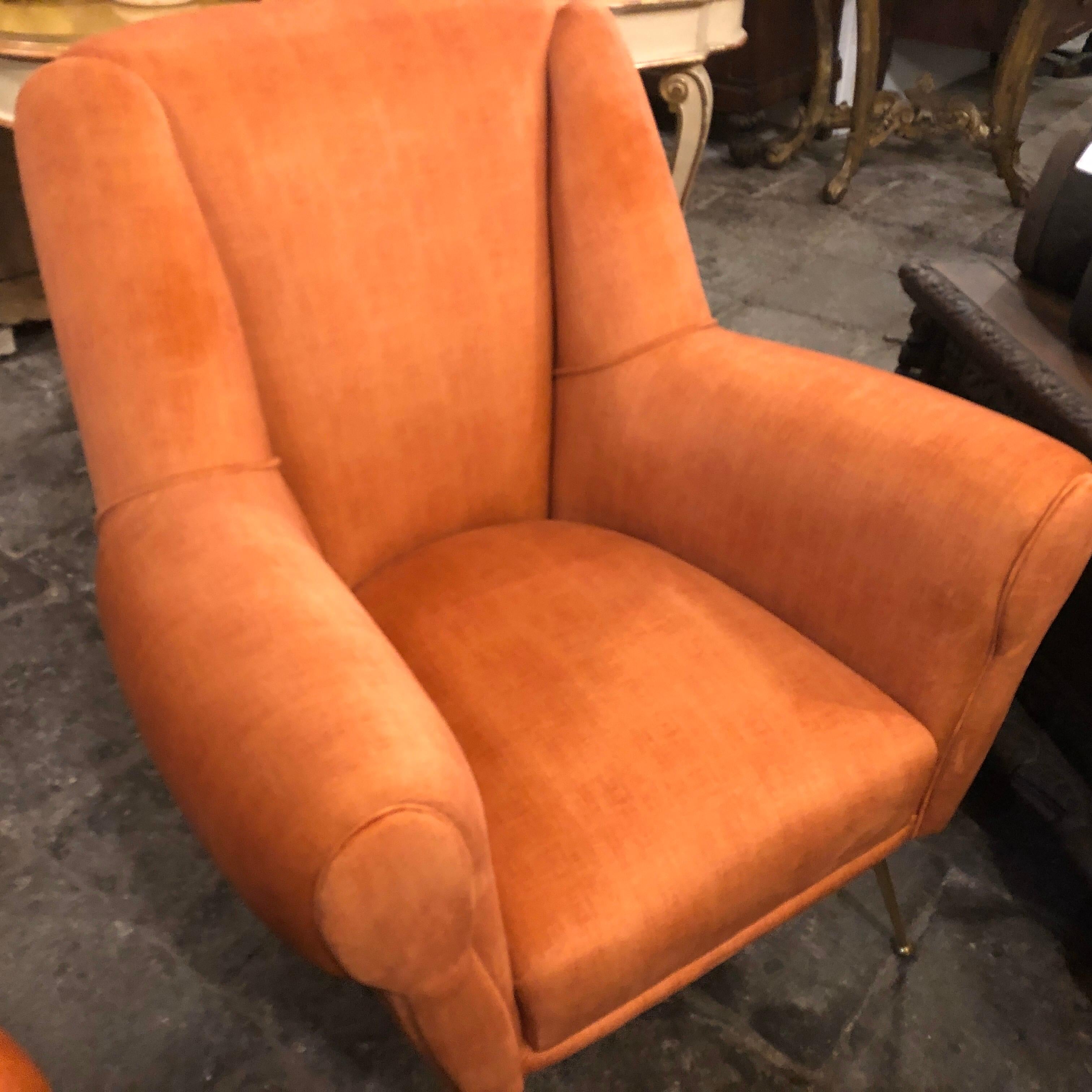 1960s Pair of Gio Ponti Style Mid-Century Modern Orange Velvet Armchairs 8