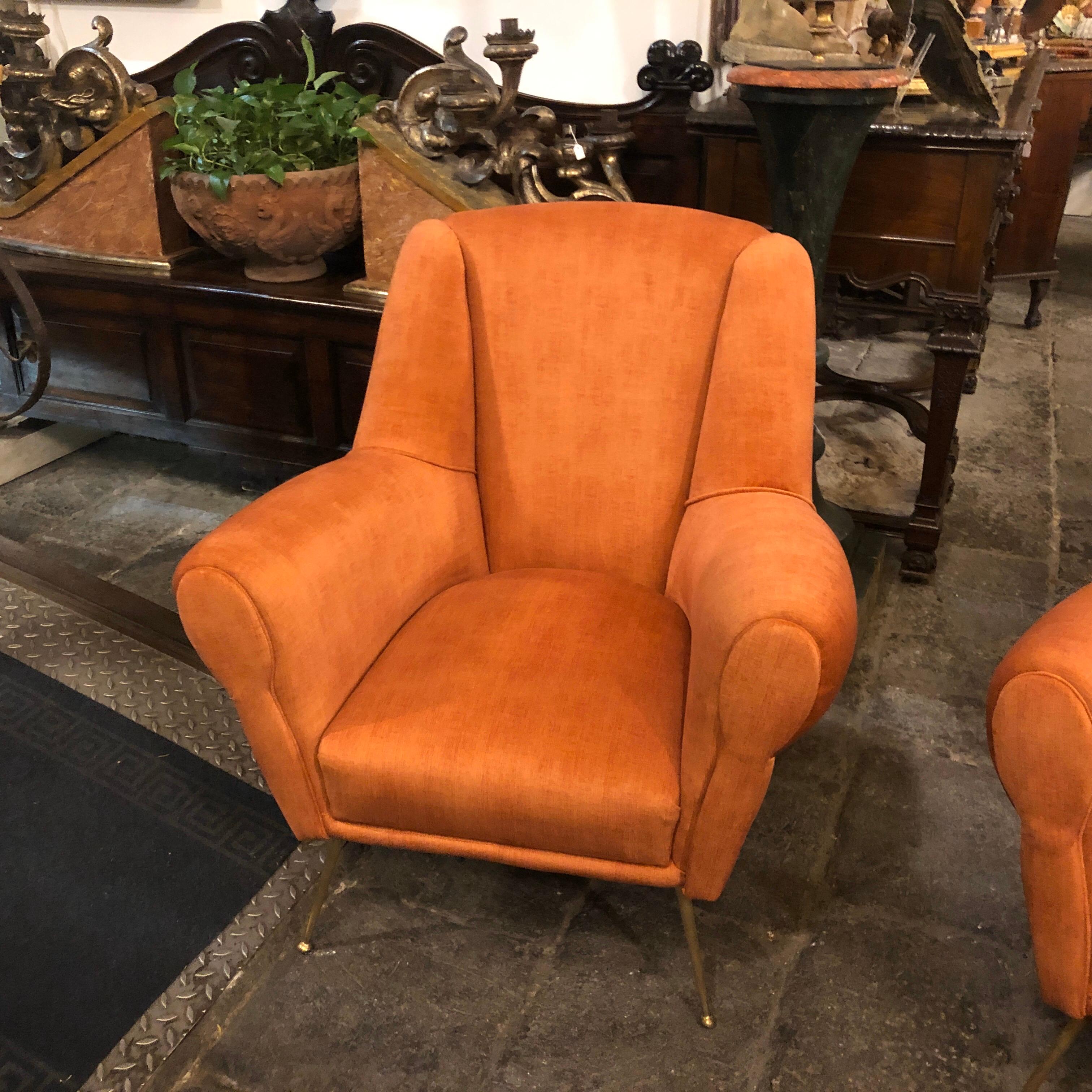 Italian 1960s Pair of Gio Ponti Style Mid-Century Modern Orange Velvet Armchairs