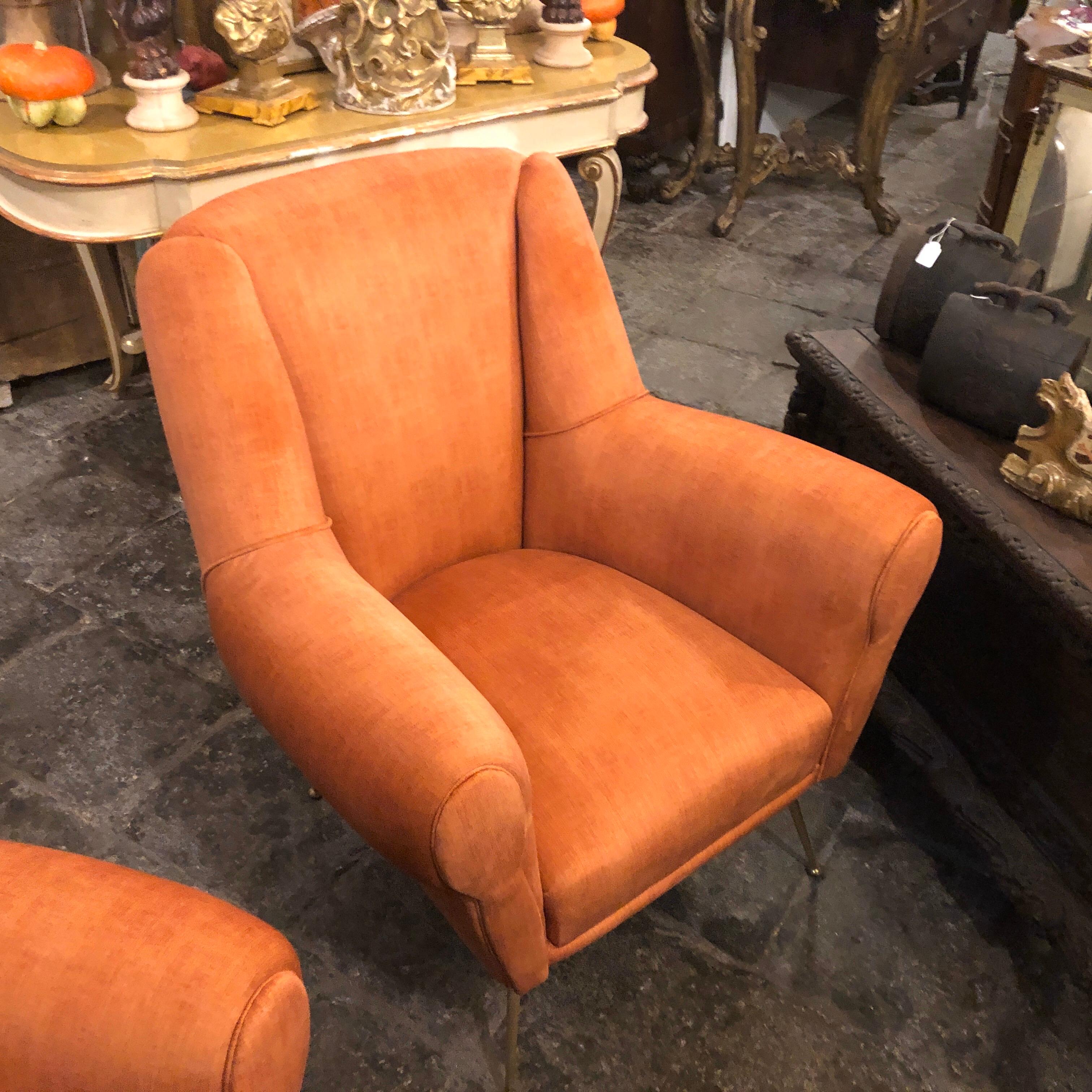 1960s Pair of Gio Ponti Style Mid-Century Modern Orange Velvet Armchairs In Good Condition In Aci Castello, IT