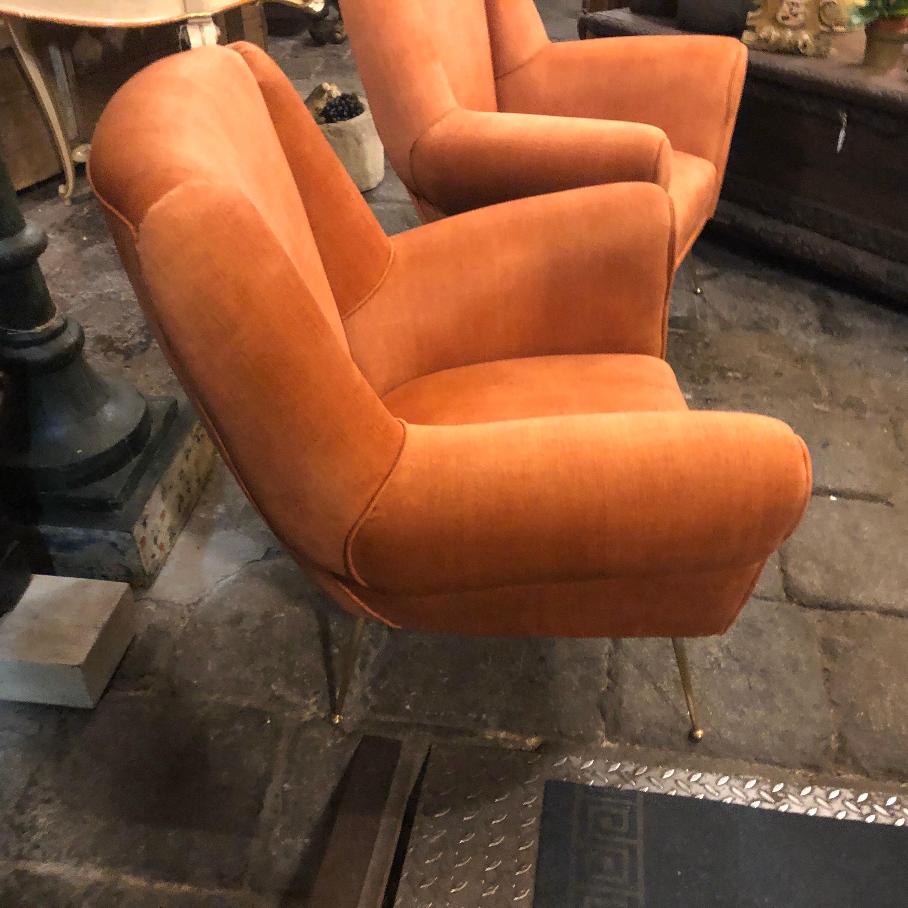 1960s Pair of Gio Ponti Style Mid-Century Modern Orange Velvet Armchairs 1