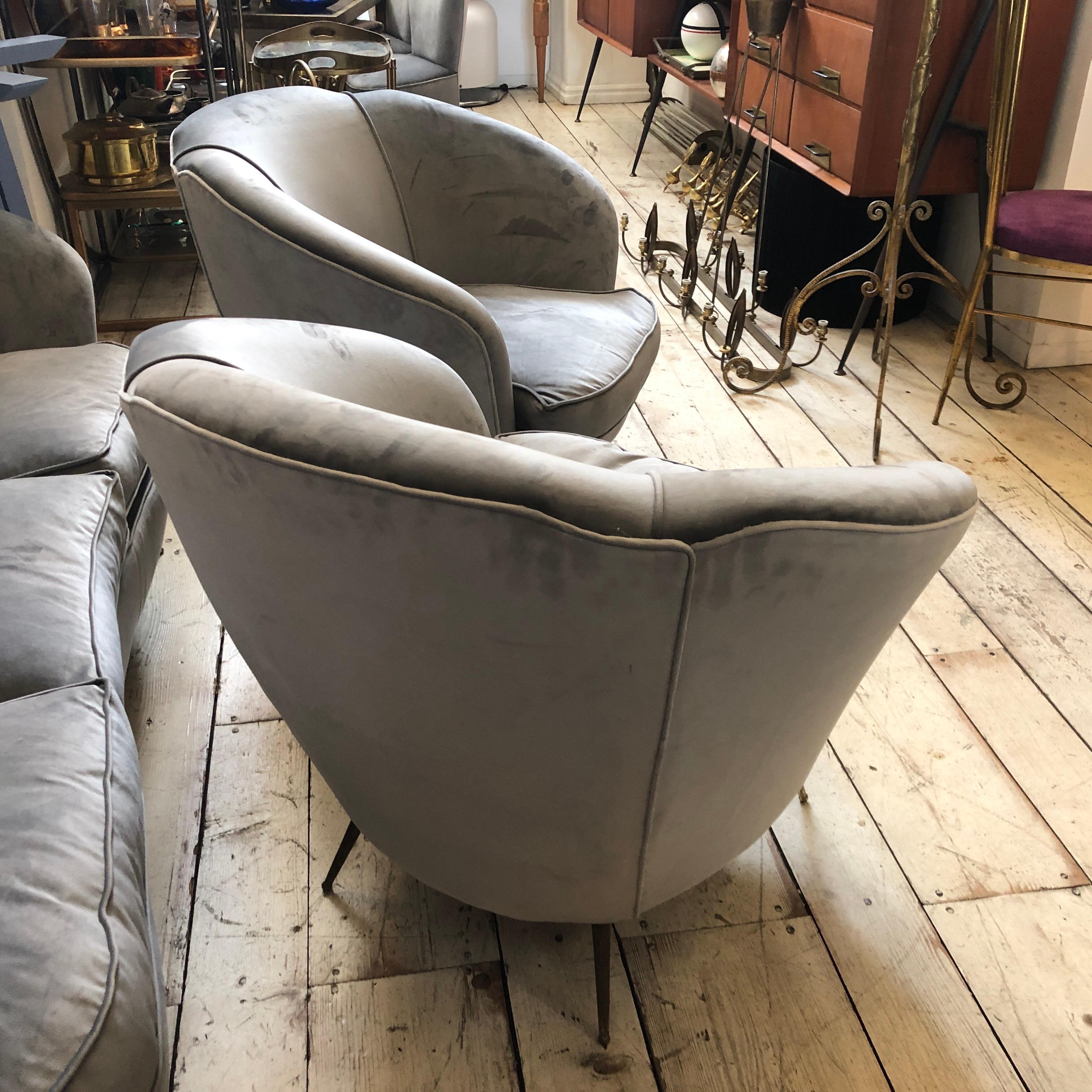 1950s Giò Ponti Style Two Mid-Century Modern Brass and Velvet Italian Armchairs 1