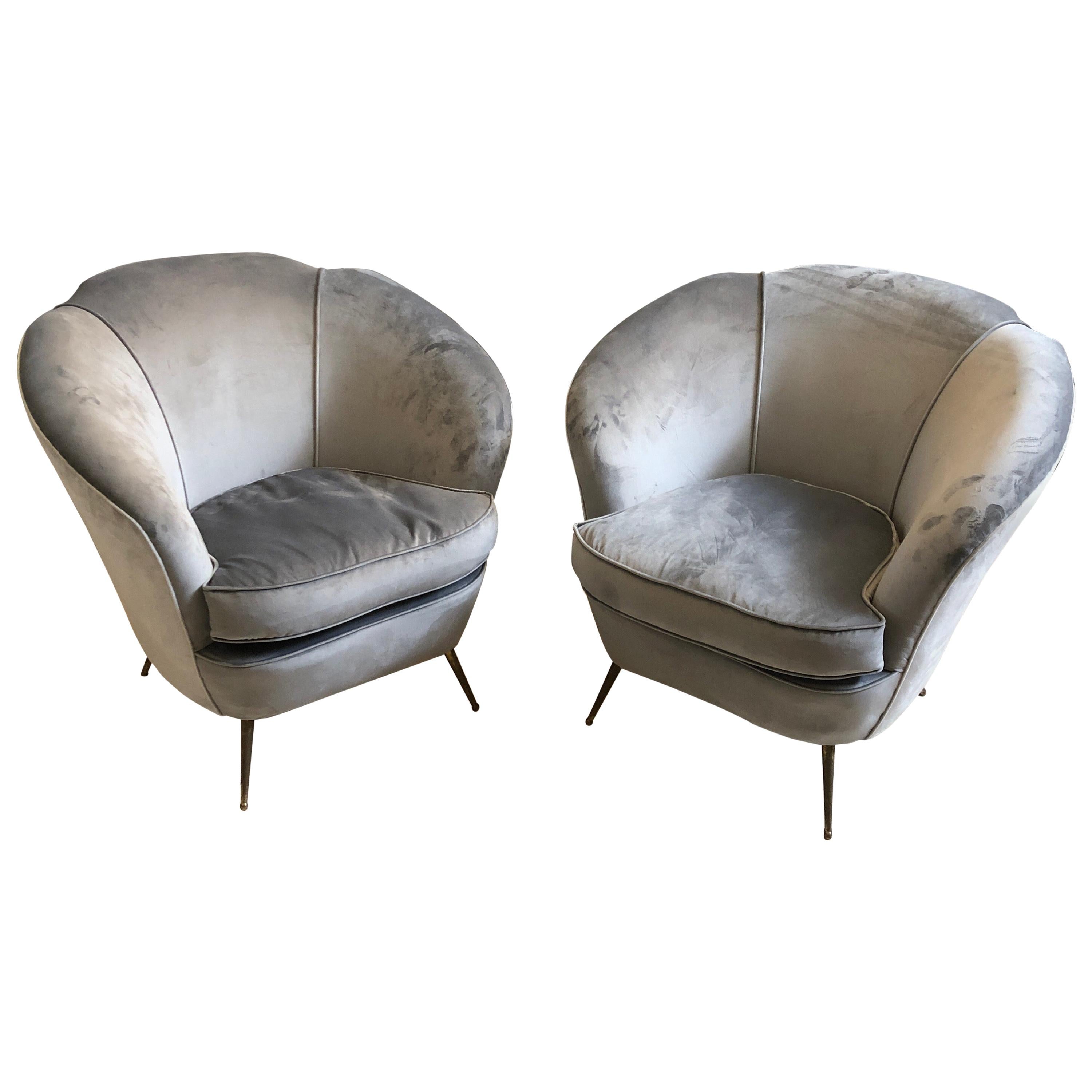 1950s Giò Ponti Style Two Mid-Century Modern Brass and Velvet Italian Armchairs