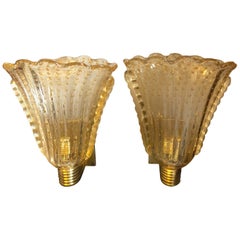 Set of Two MId-Century Modern Italian Murano Glass and  Brass Wall Sconces 1970